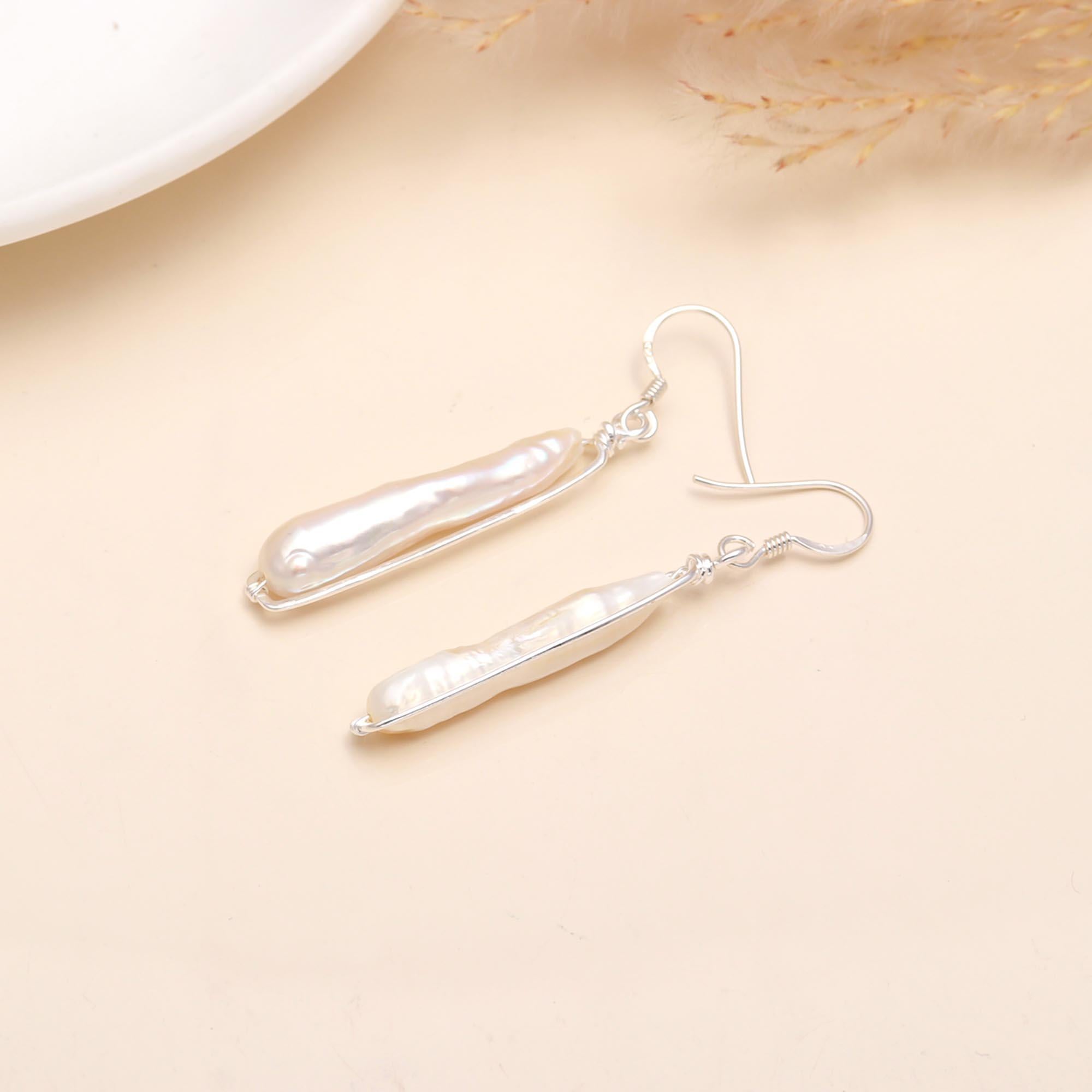925 Sterling Silver Wire-Wrapped Long Baroque Pearl Dangle Earrings