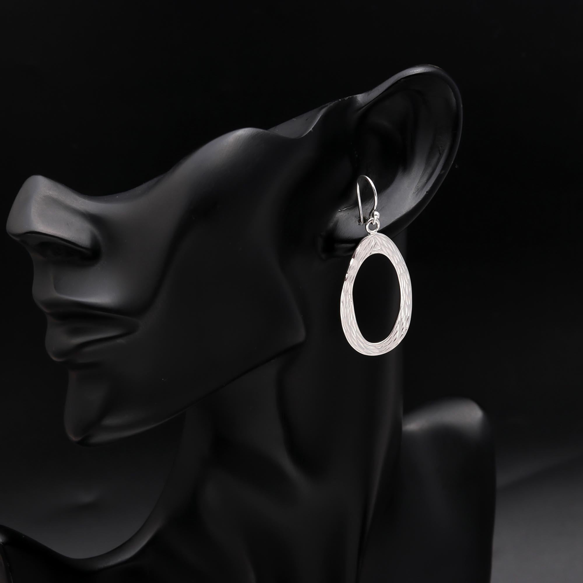 925 Sterling Silver Textured Open Oval Dangle Earrings