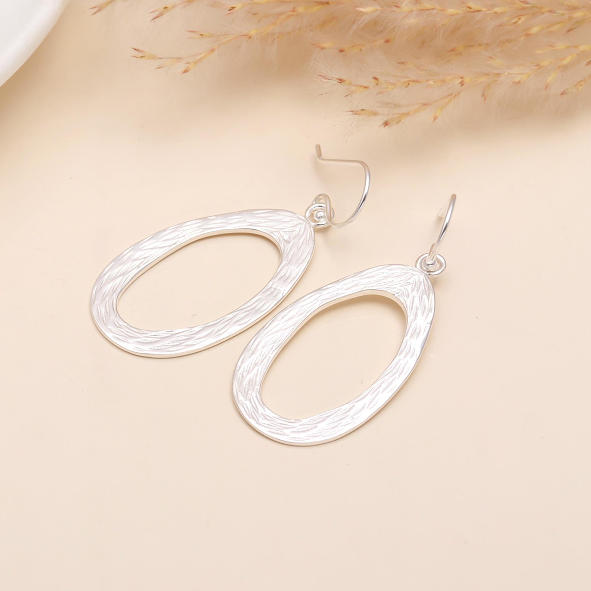 925 Sterling Silver Textured Open Oval Dangle Earrings