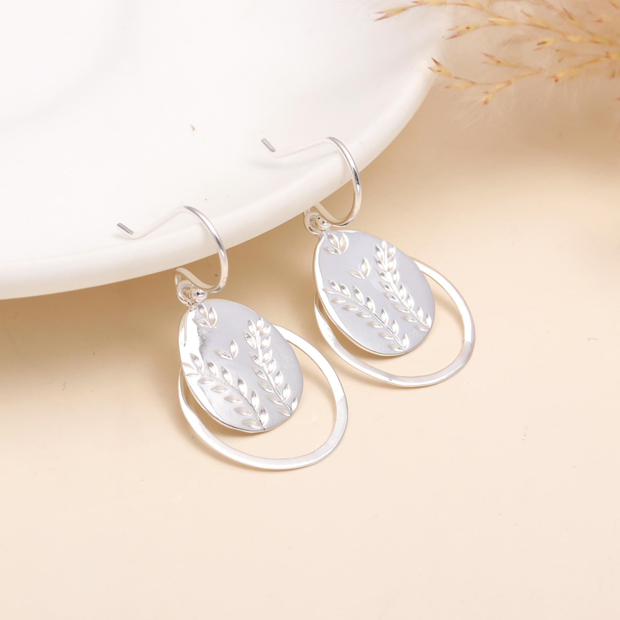925 Sterling Silver Engraved Leaf Drop Earrings