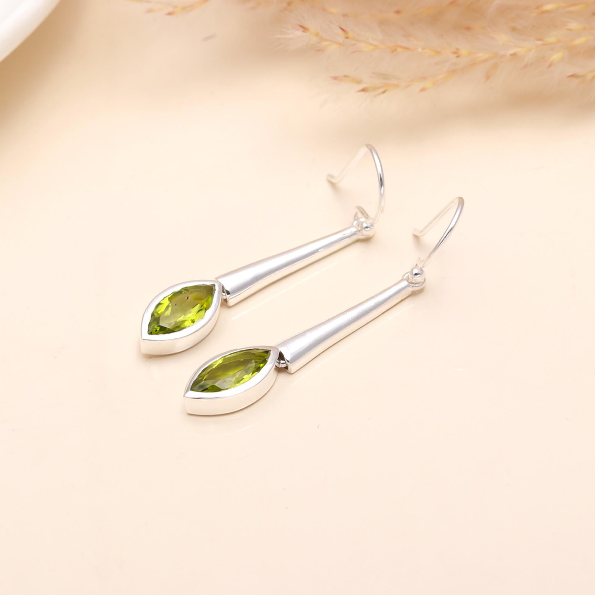 925 Sterling Silver Marquise Peridot Dangle Earrings