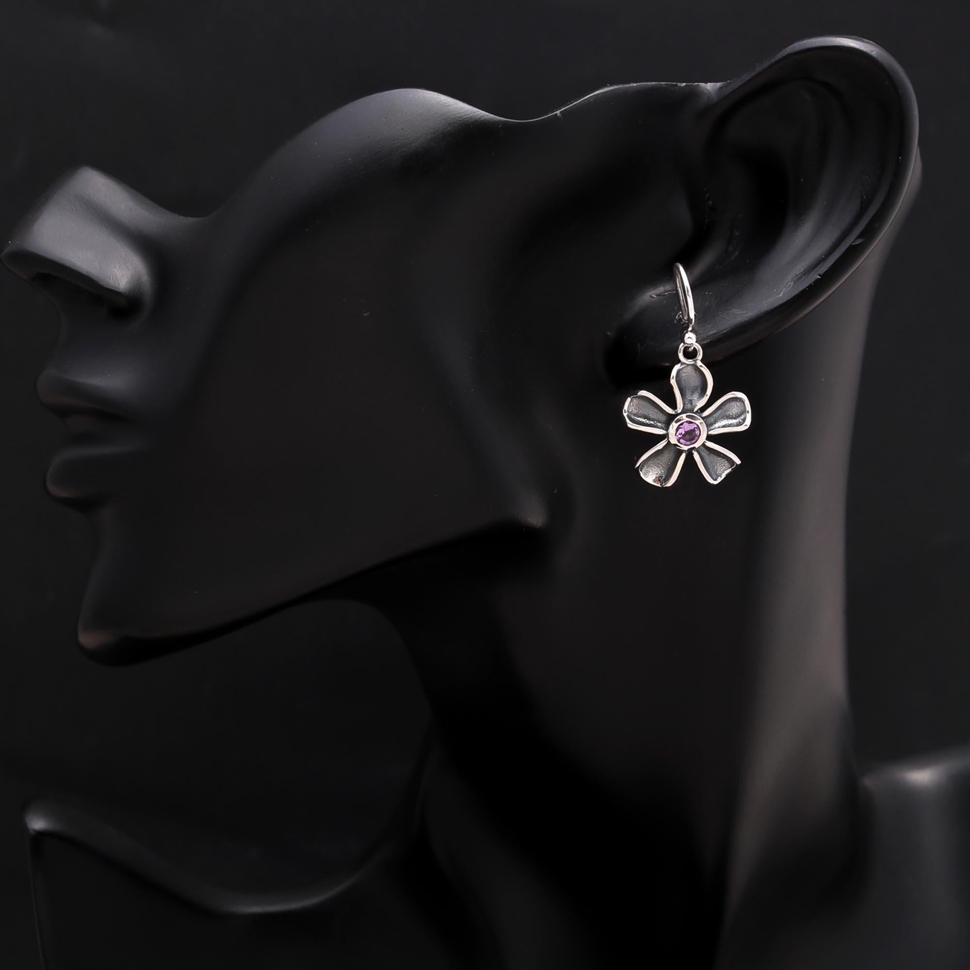 925 Sterling Silver Amethyst Flower Dangle Earrings