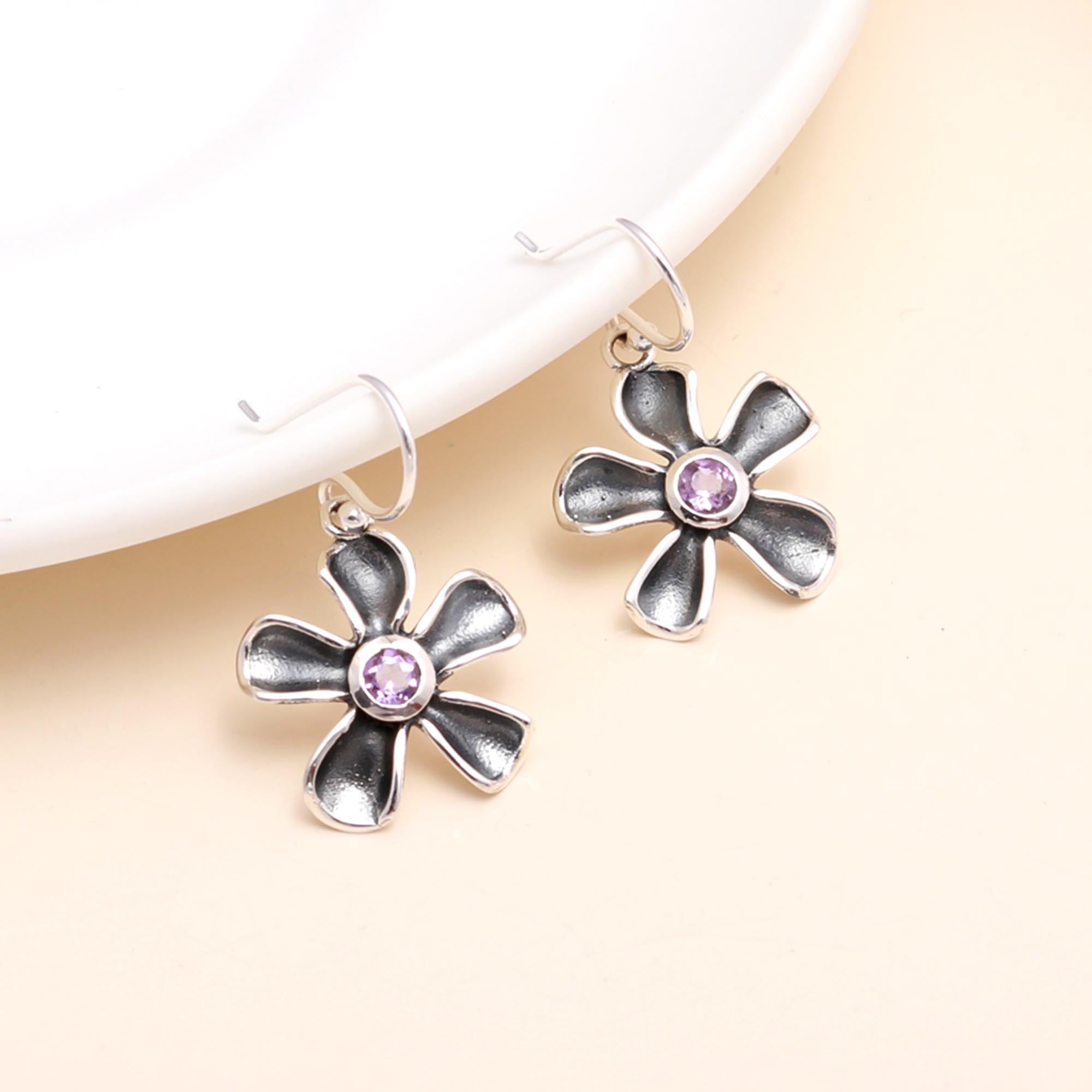925 Sterling Silver Amethyst Flower Dangle Earrings