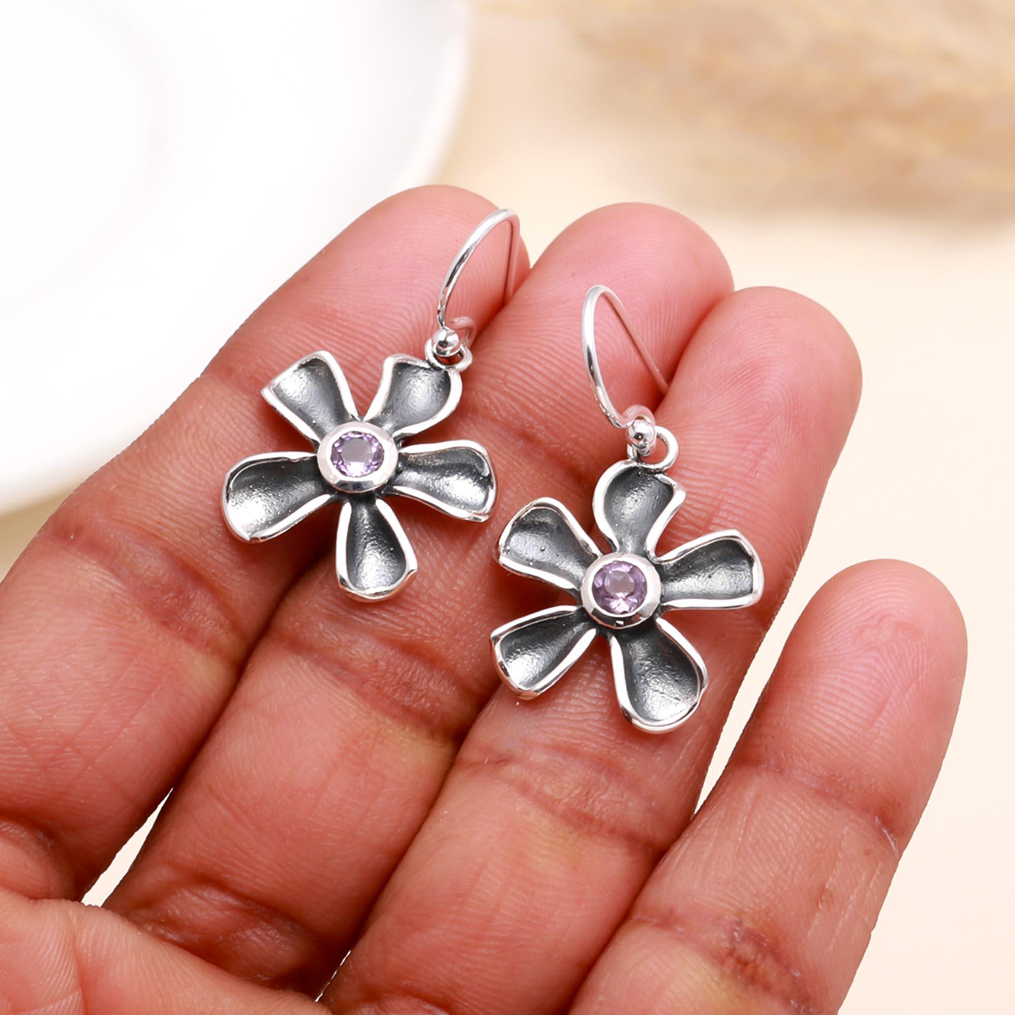 925 Sterling Silver Amethyst Flower Dangle Earrings