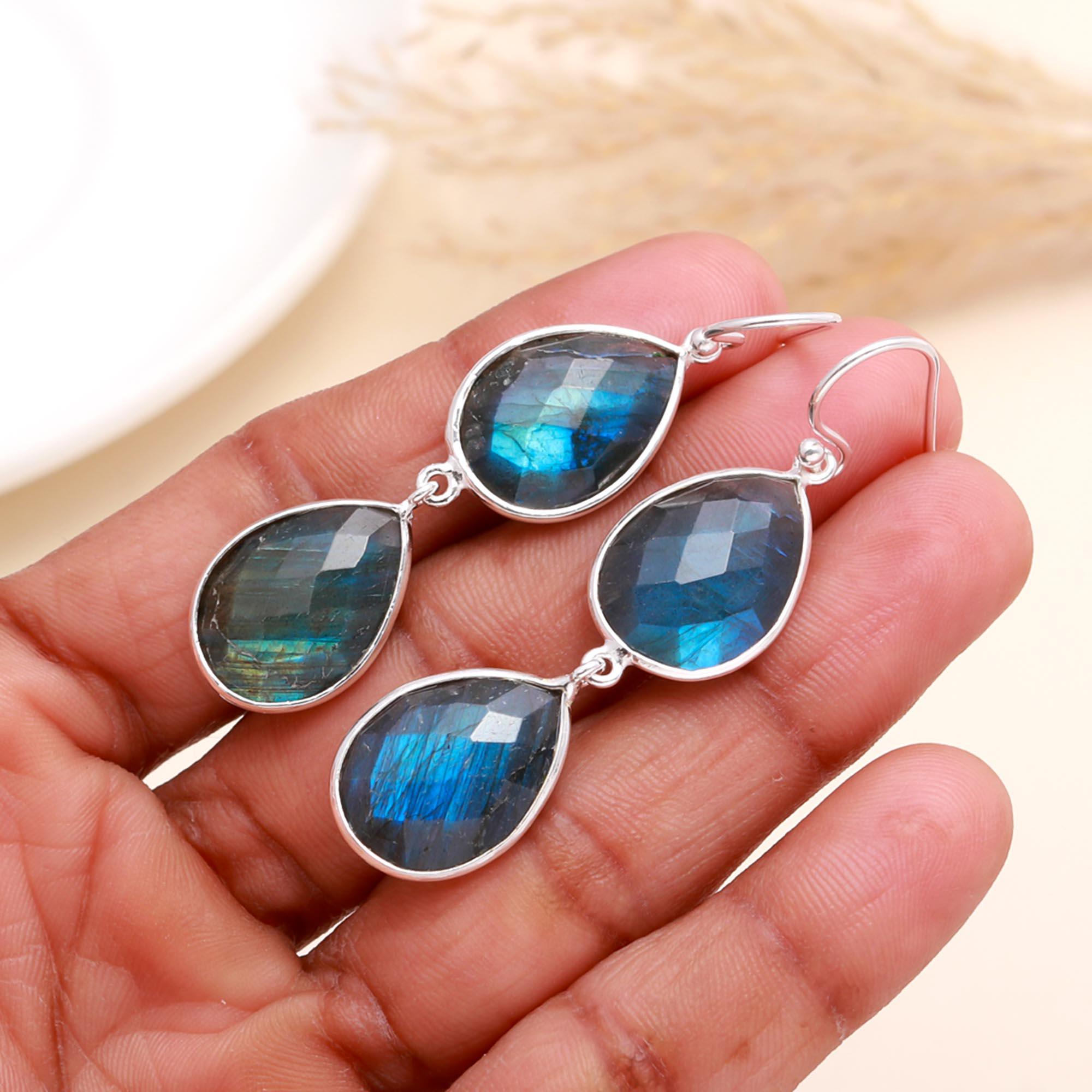 925 Sterling Silver Labradorite Double Drop Earrings