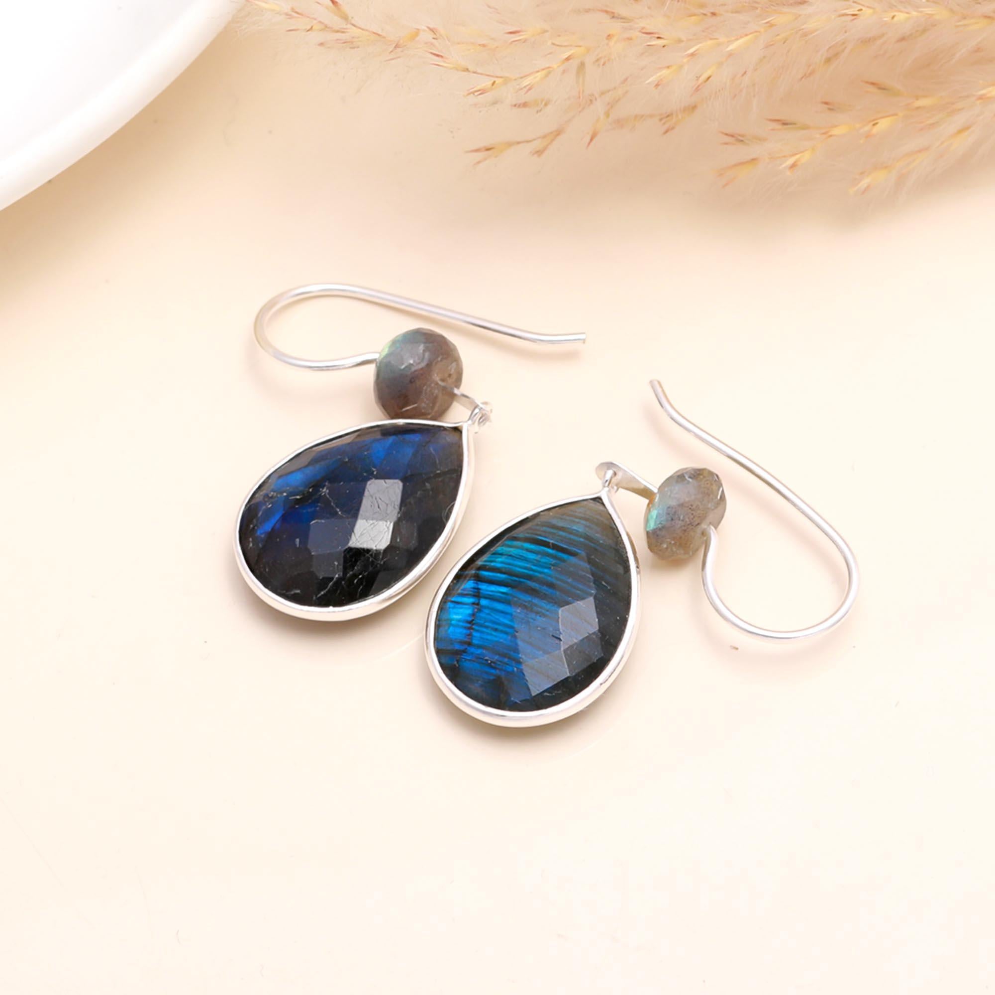 925 Sterling Silver Labradorite Teardrop Dangle Earrings