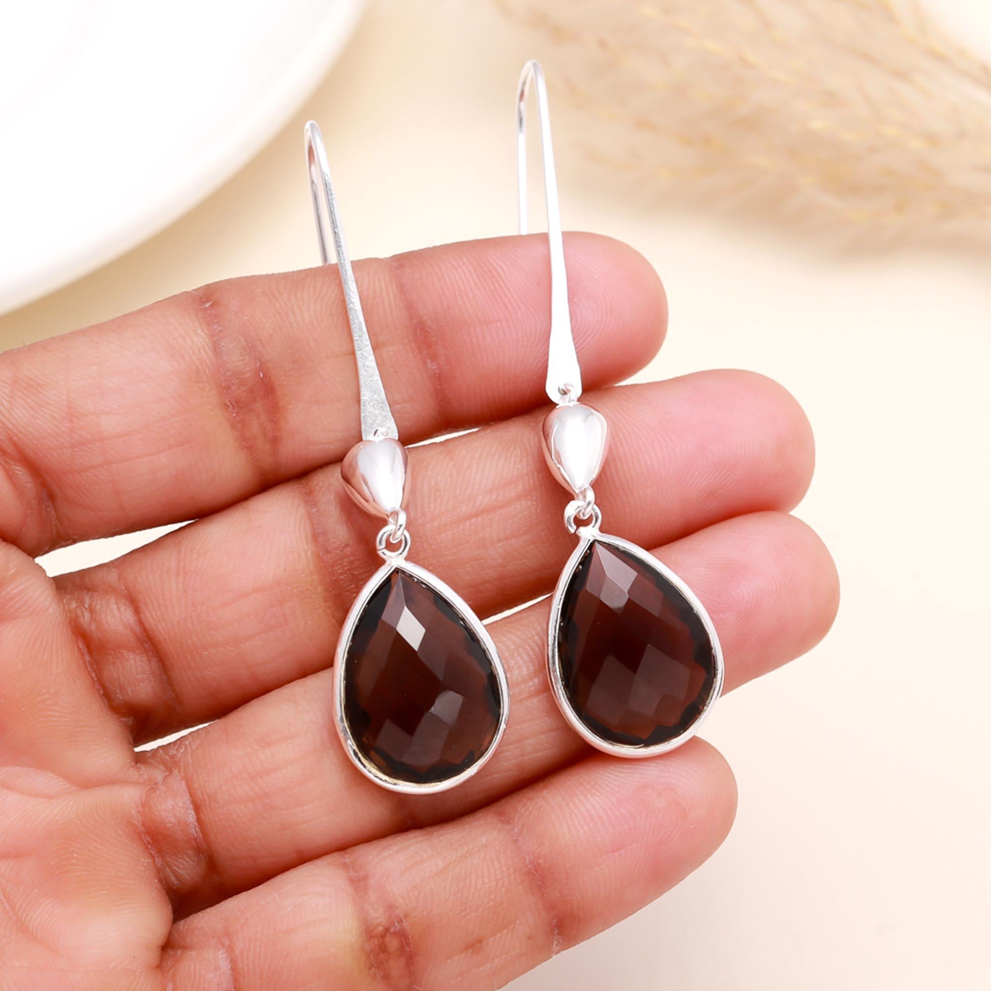 925 Sterling Silver Smoky Quartz Teardrop Dangle Earrings