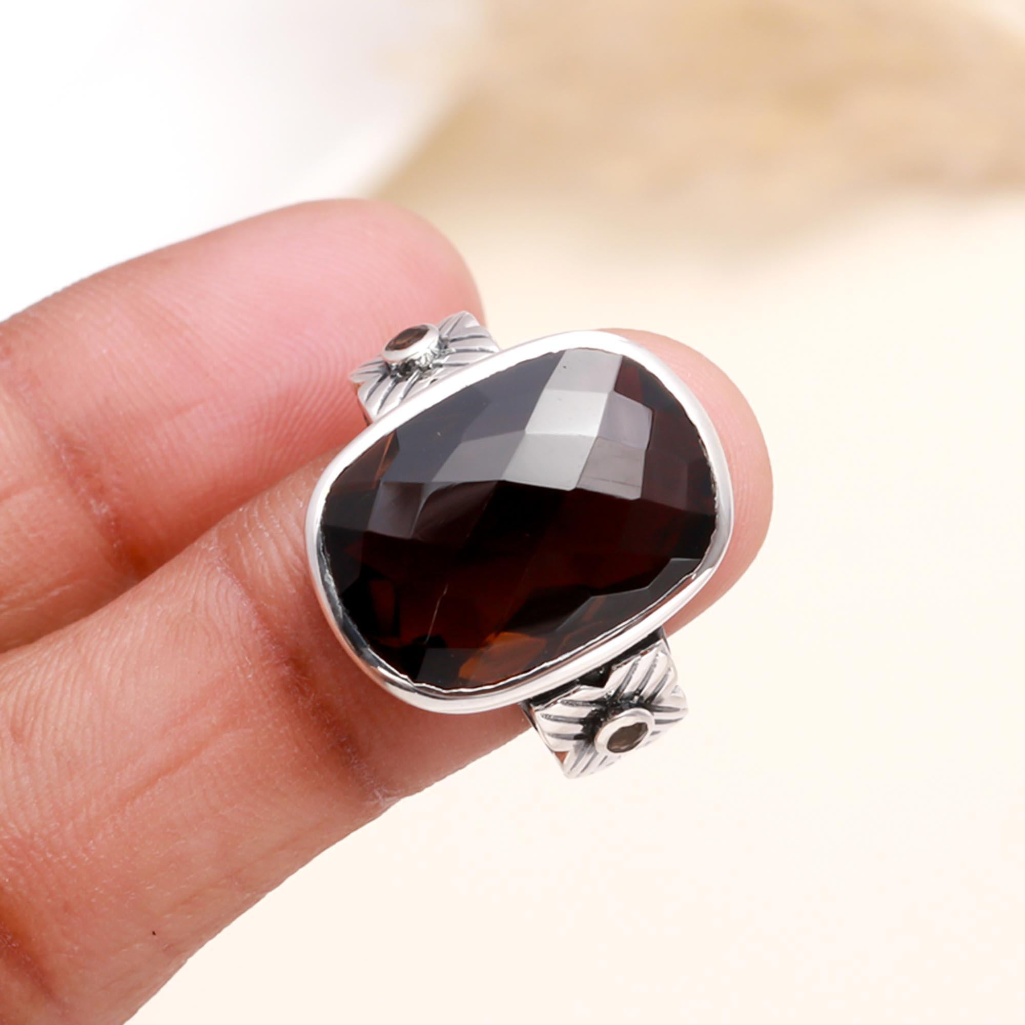 925 Sterling Silver Cushion-Cut Smoky Quartz Boho Ring