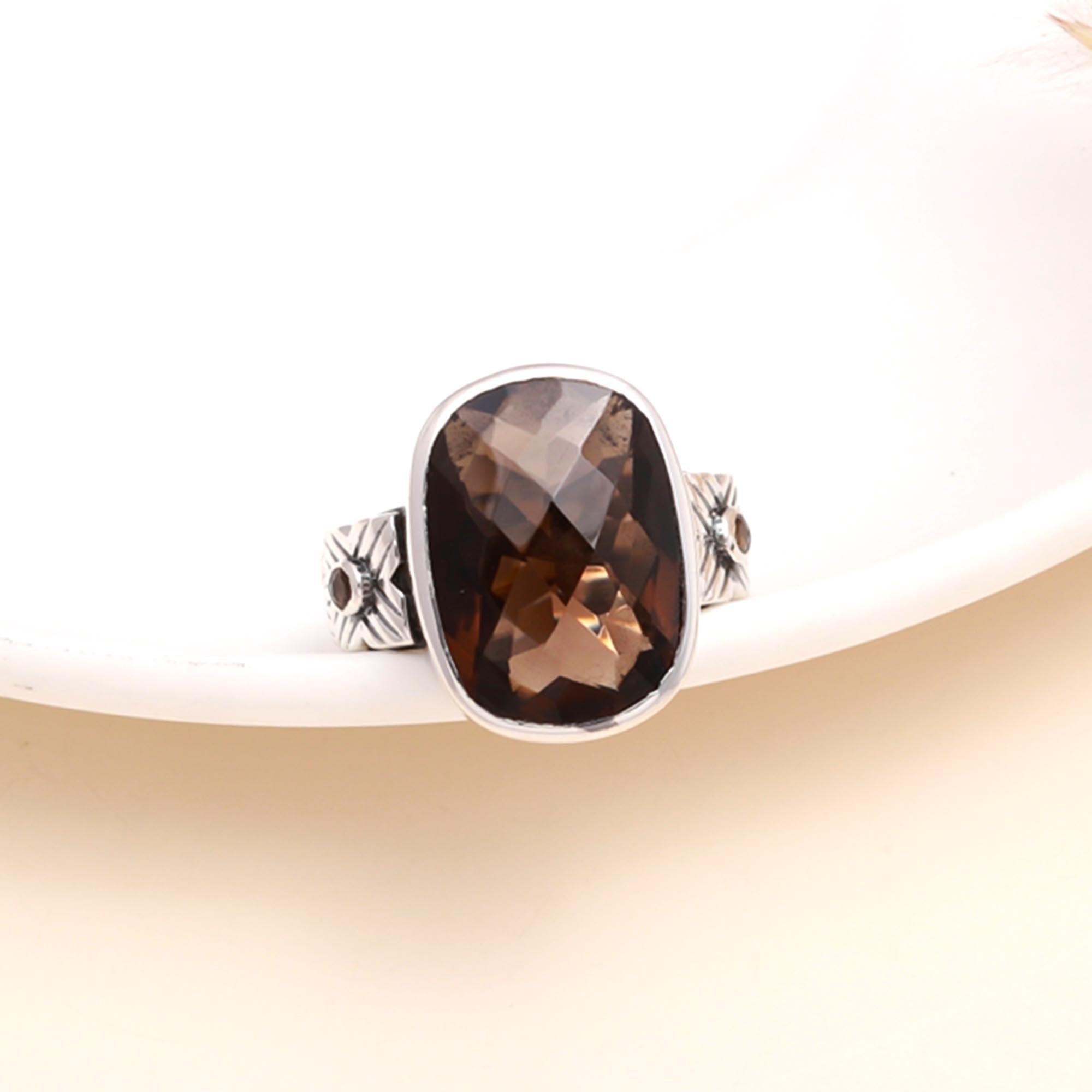 925 Sterling Silver Cushion-Cut Smoky Quartz Boho Ring