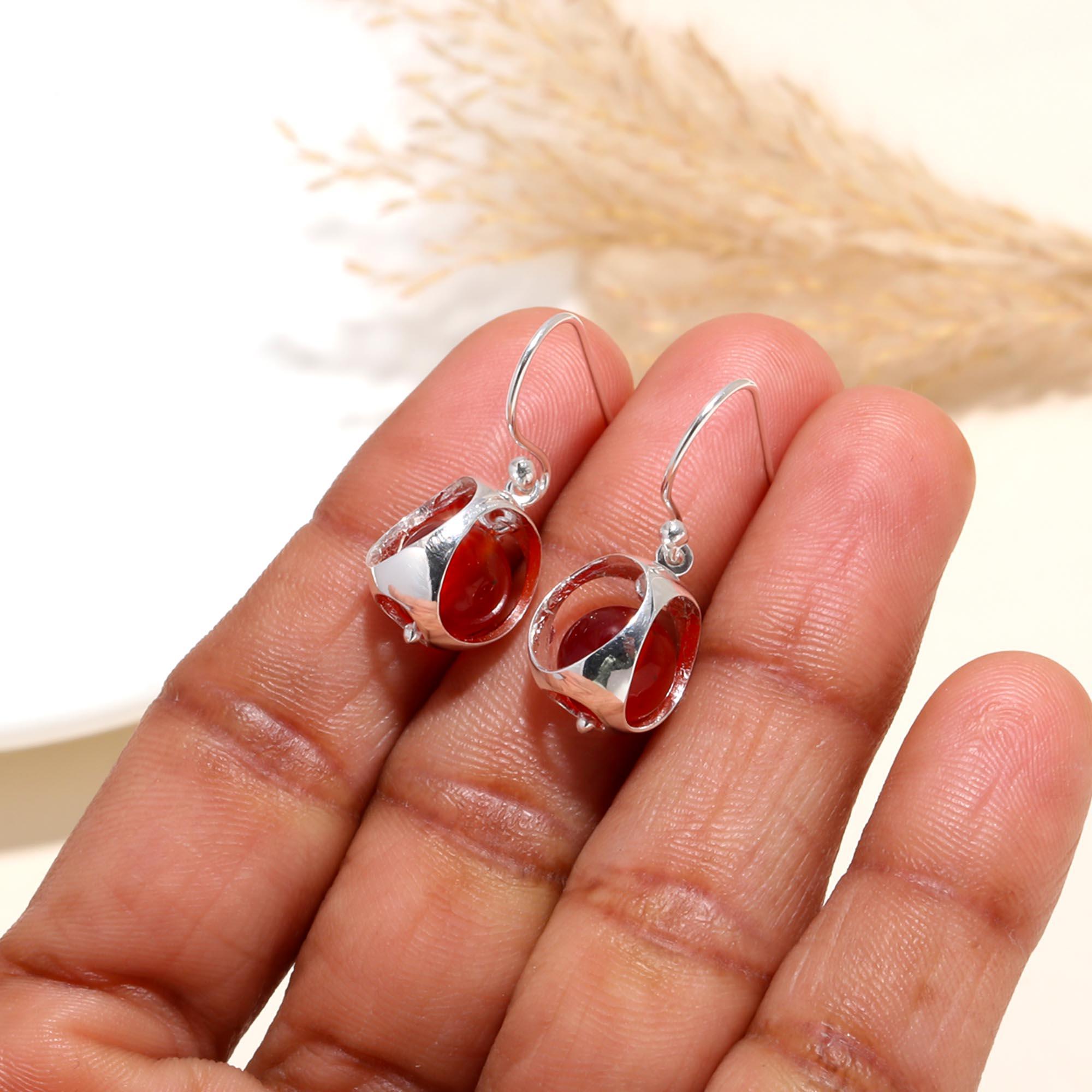 925 Sterling Silver Carnelian Unique Sphere Dangle Earrings