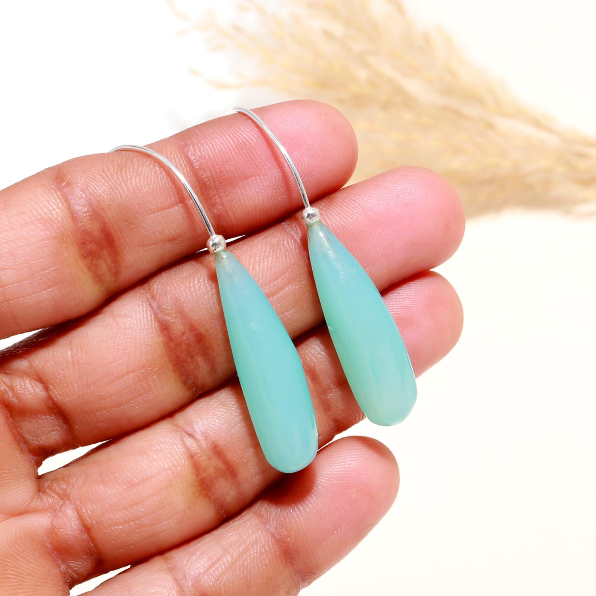 925 Sterling Silver Aqua Chalcedony Teardrop Earrings