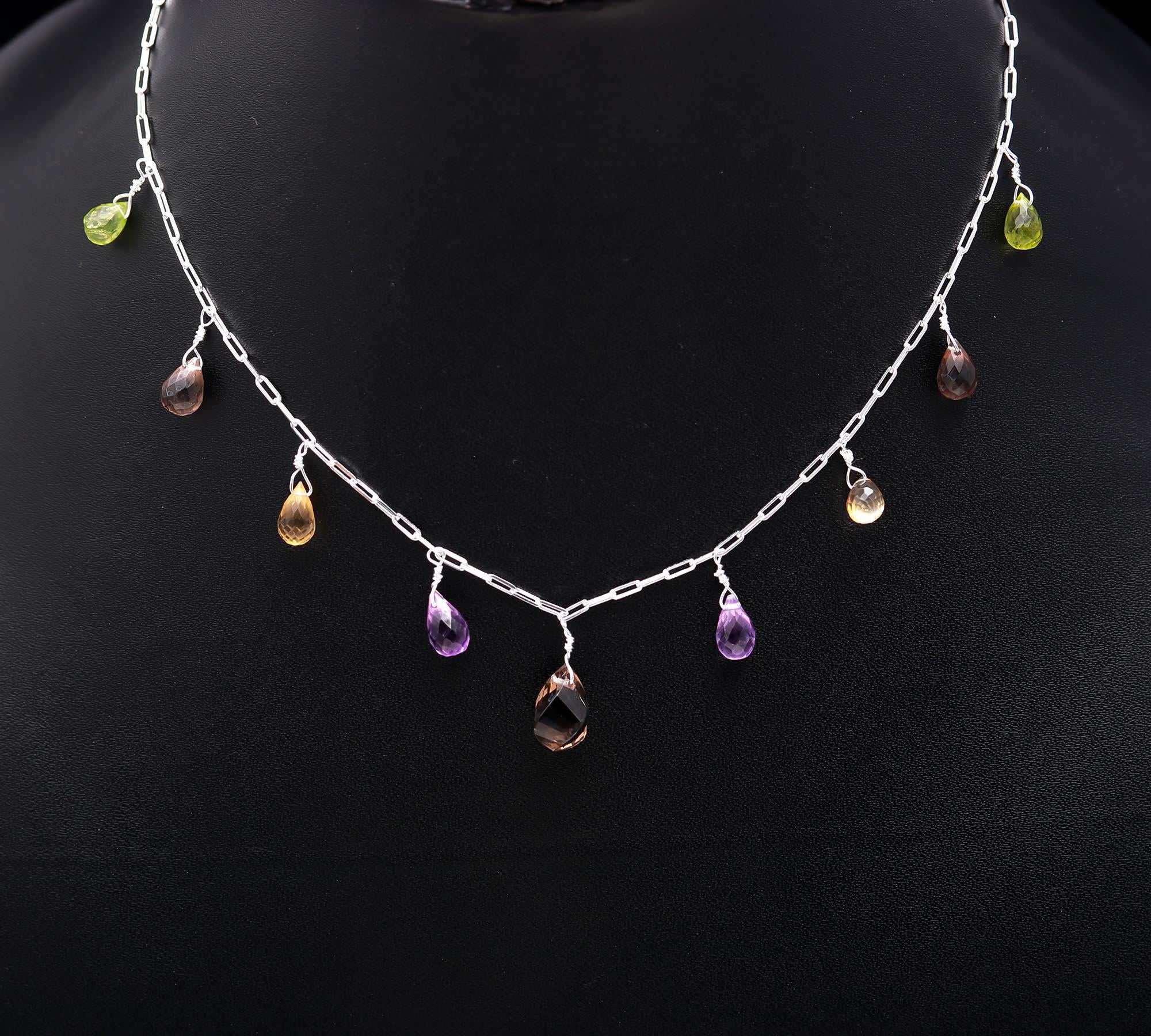 925 Sterling Silver Natural Multy Peridot Citrine Amethyst Smoky Necklace