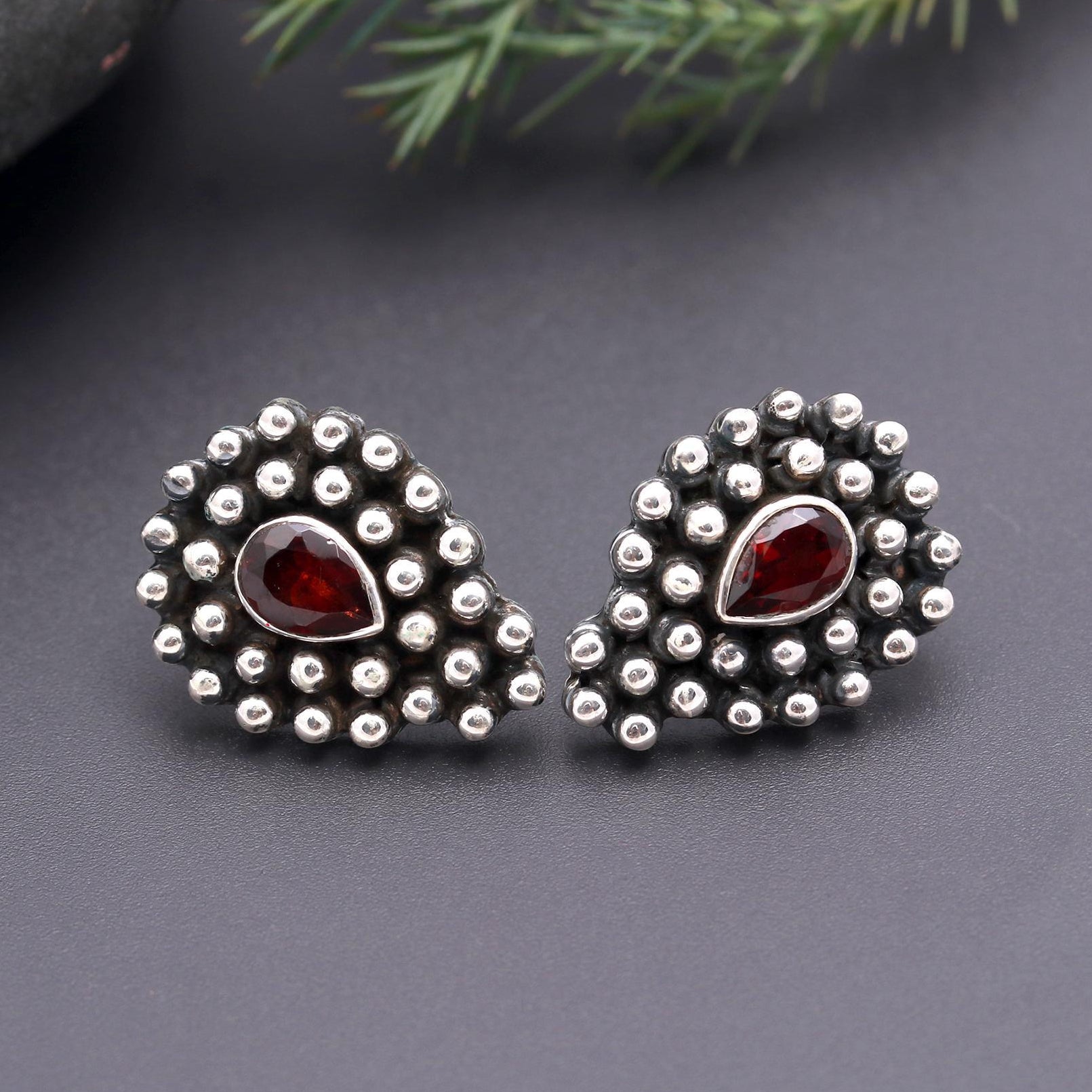 925 Silver Garnet & Beaded Design Stud Earrings