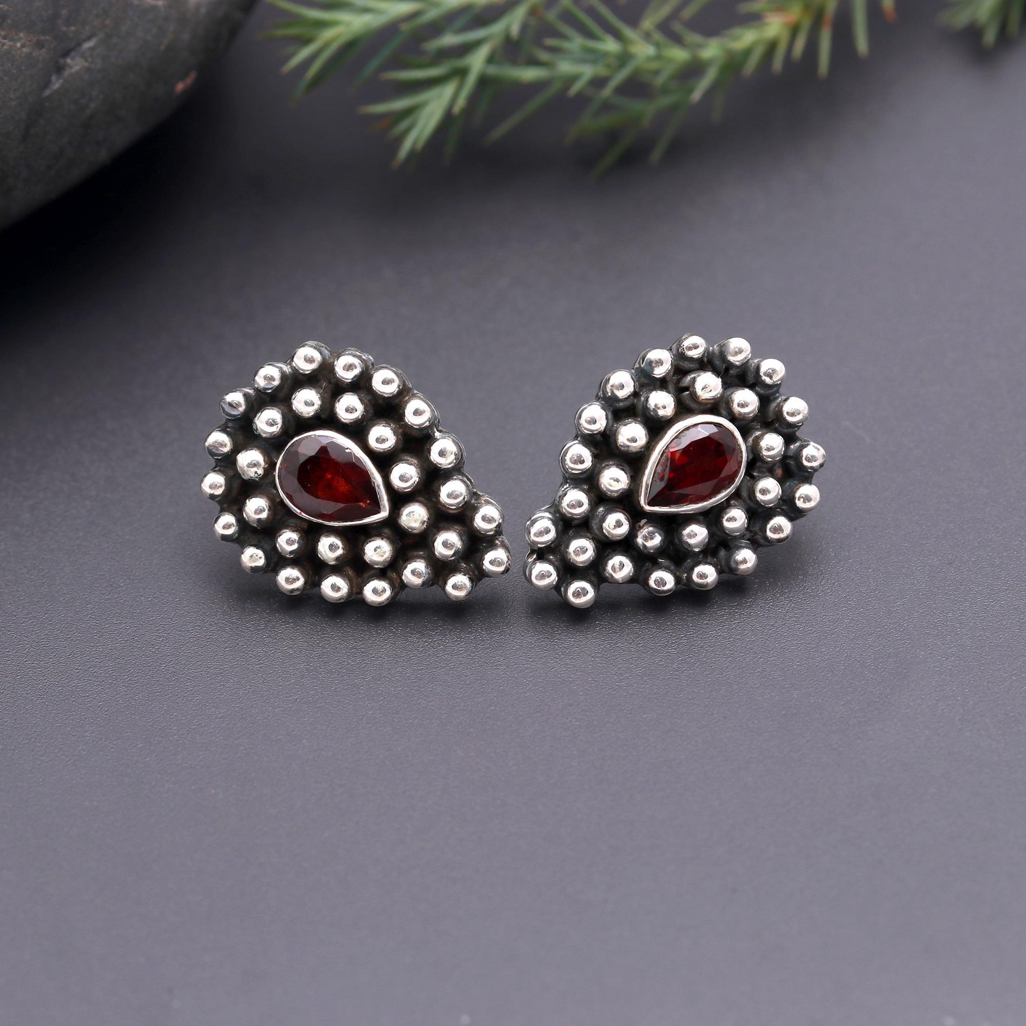 925 Silver Garnet & Beaded Design Stud Earrings
