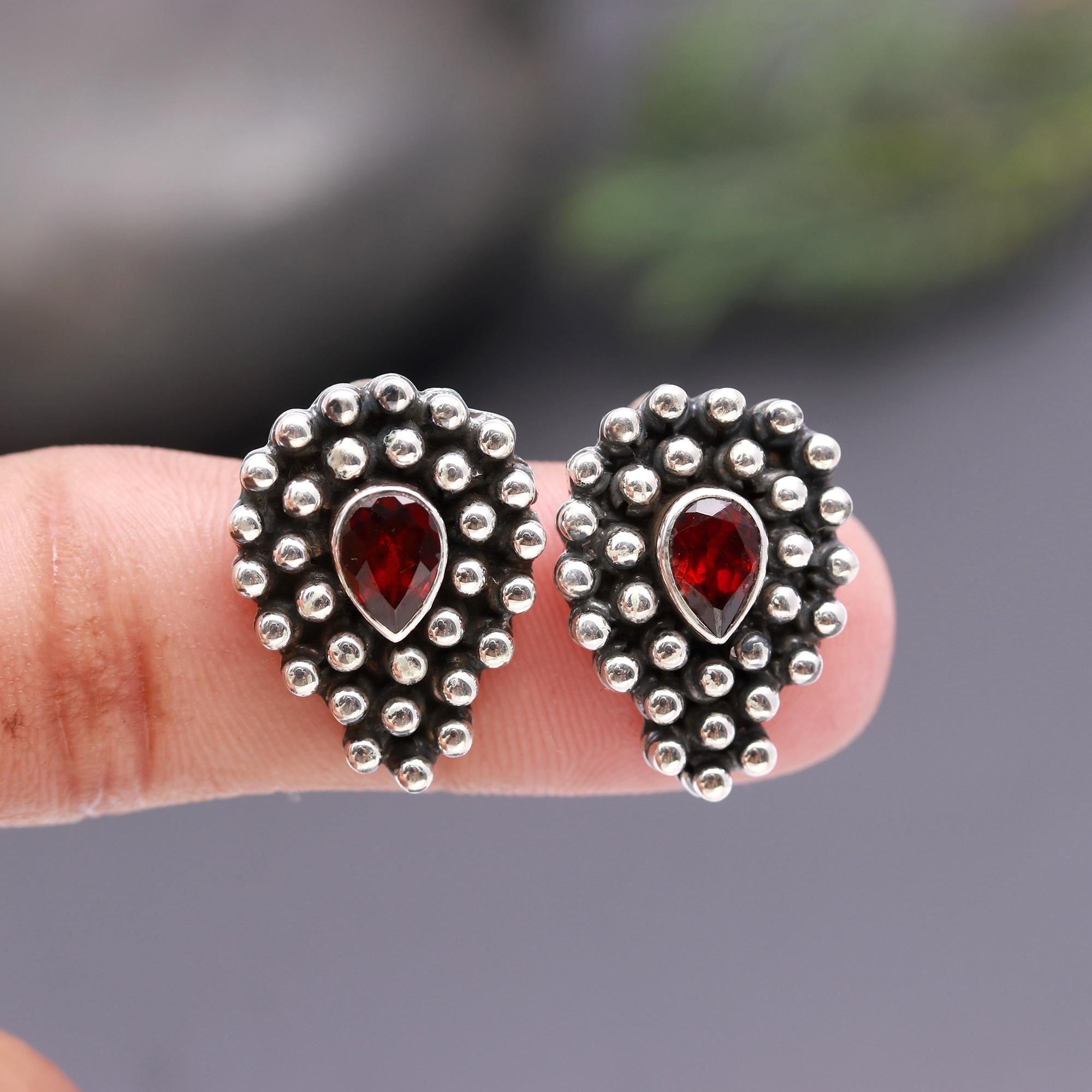 925 Silver Garnet & Beaded Design Stud Earrings