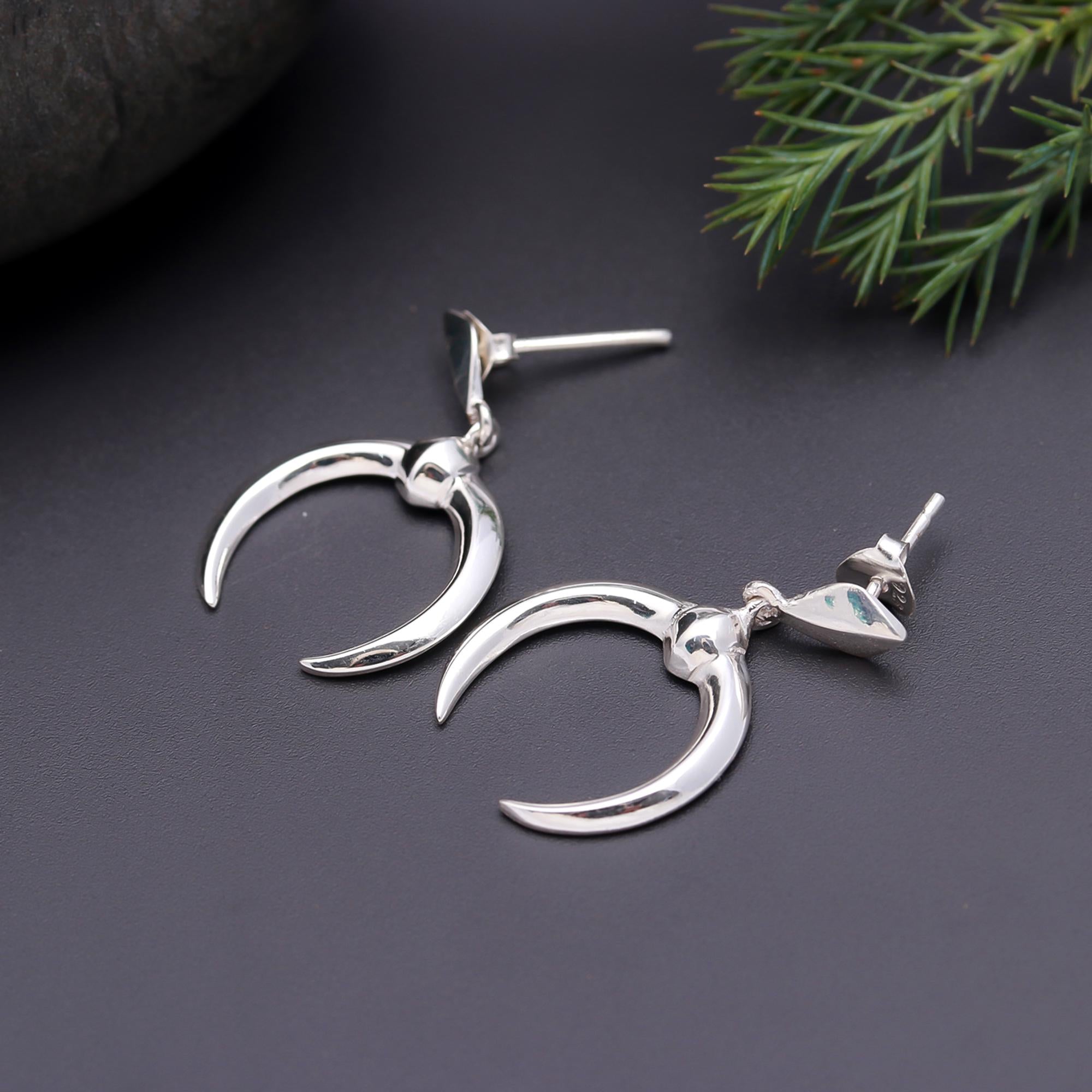 925 Silver Crescent Horn Drop Earrings