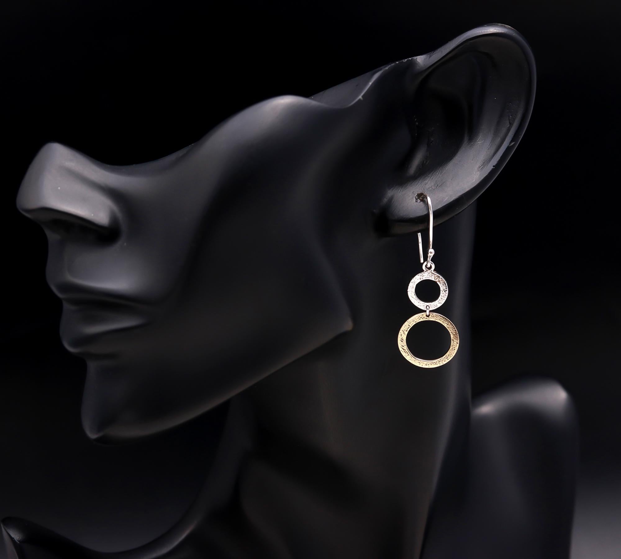 925 Silver Two-Tone Textured Circle Drop Earrings