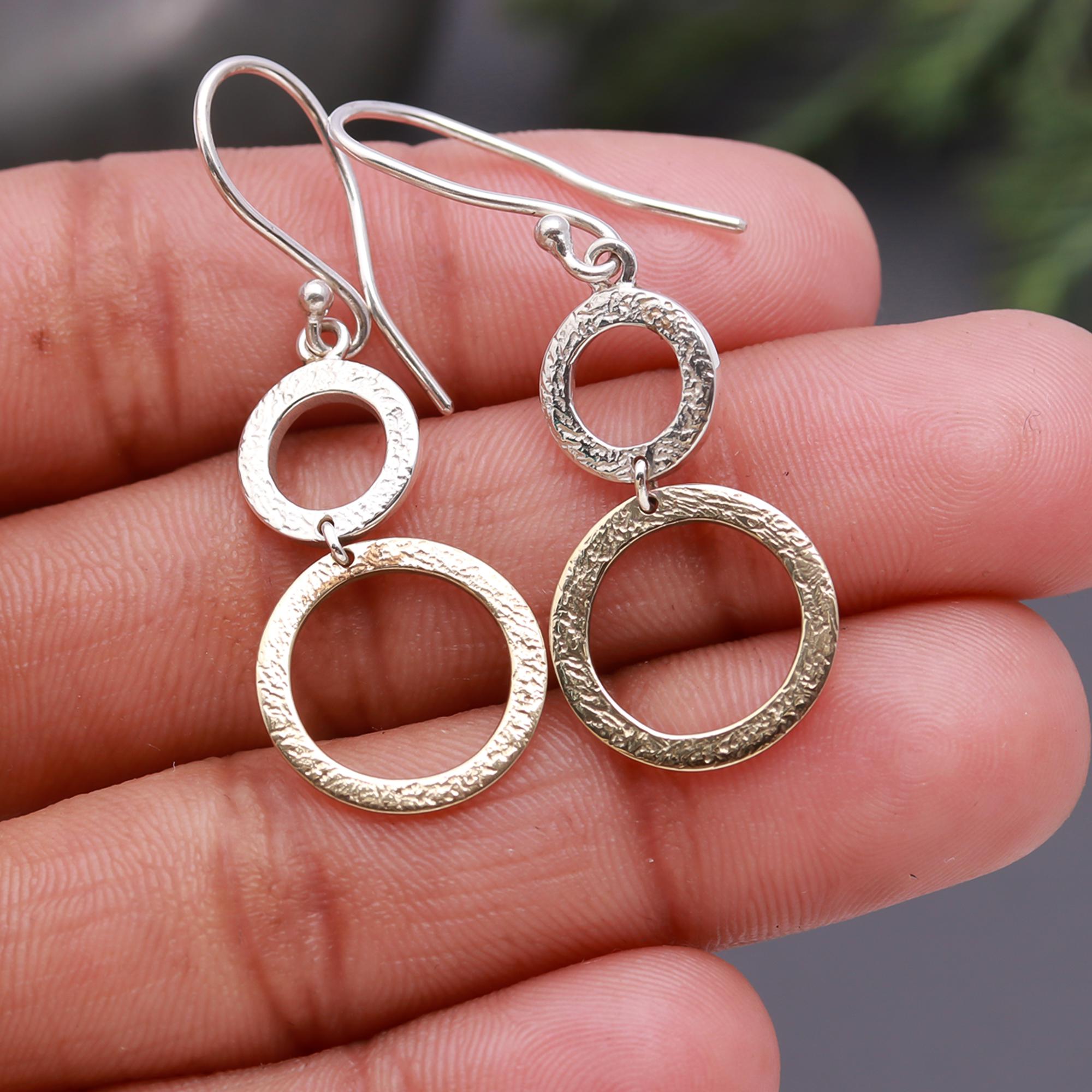 925 Silver Two-Tone Textured Circle Drop Earrings