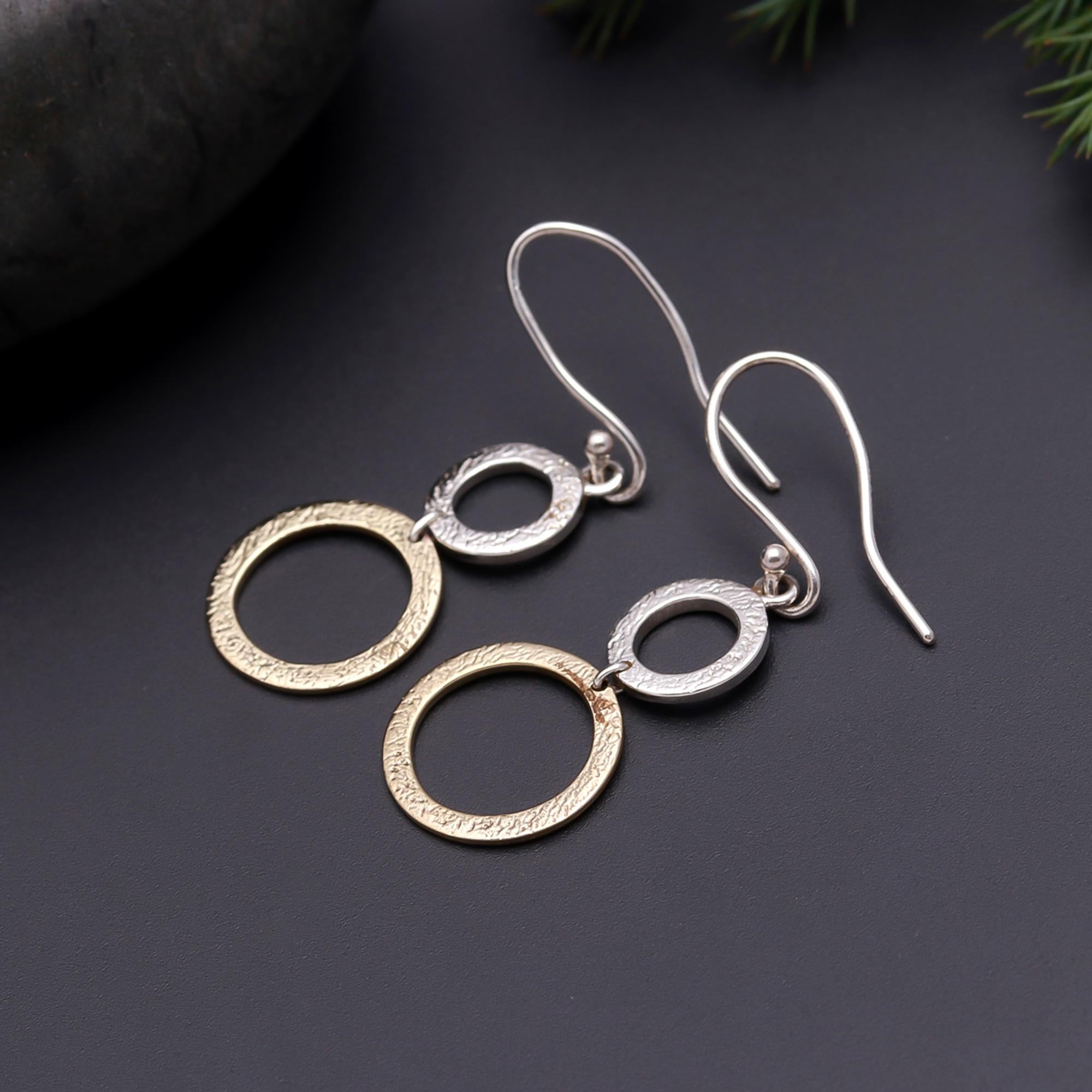 925 Silver Two-Tone Textured Circle Drop Earrings