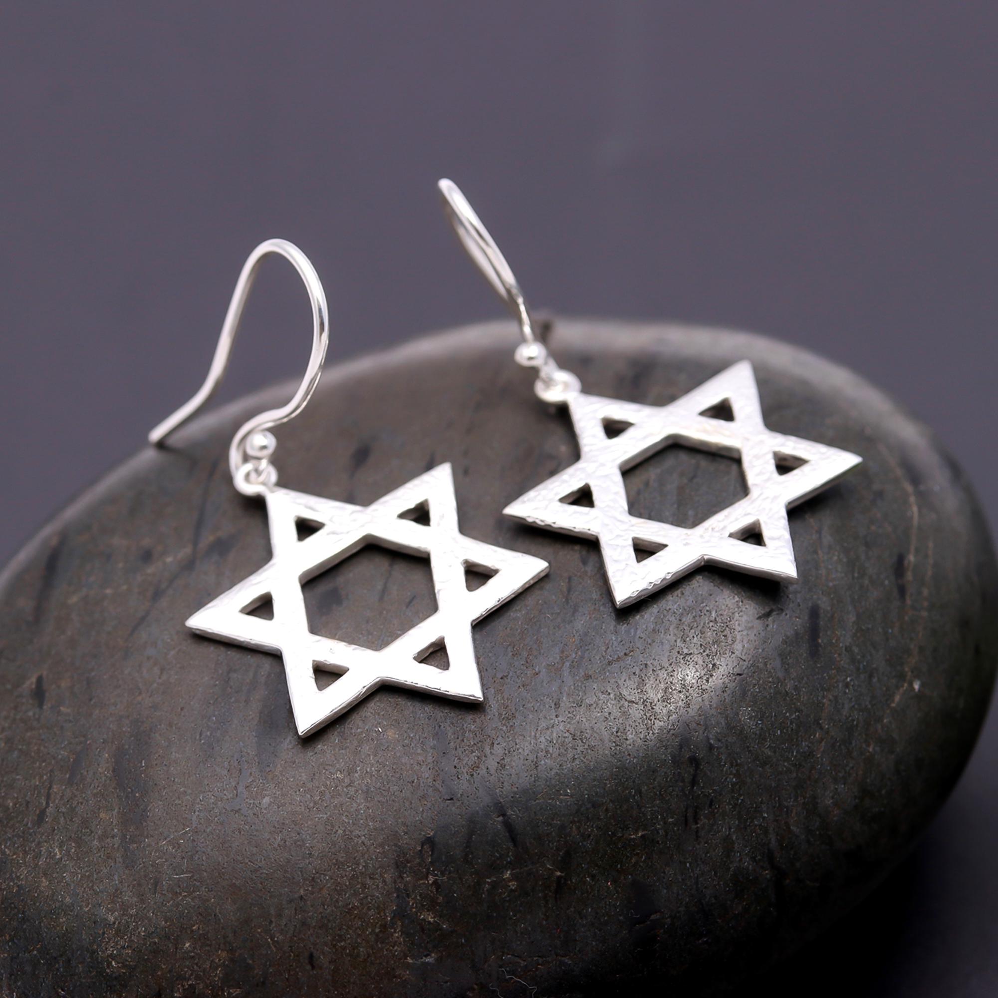 925 Silver Star of David Textured Drop Earrings
