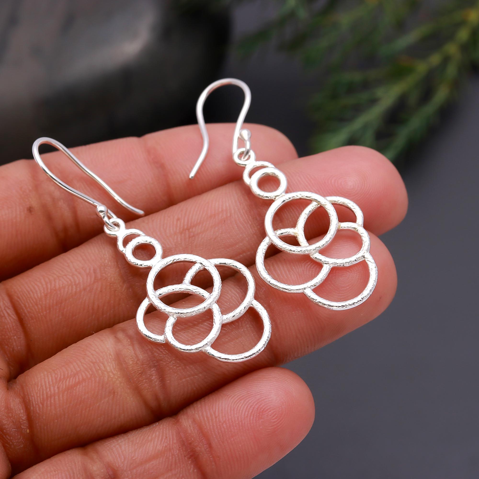 925 Silver Multi-Circle Textured Dangle Earrings