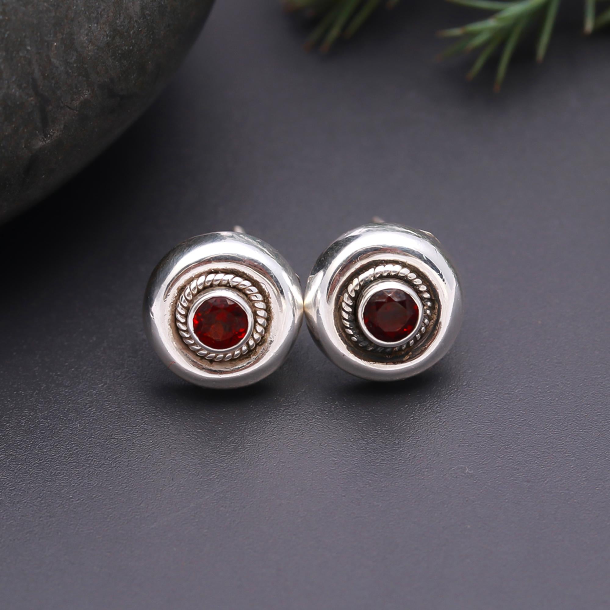 925 Silver Round Garnet Stud Earrings