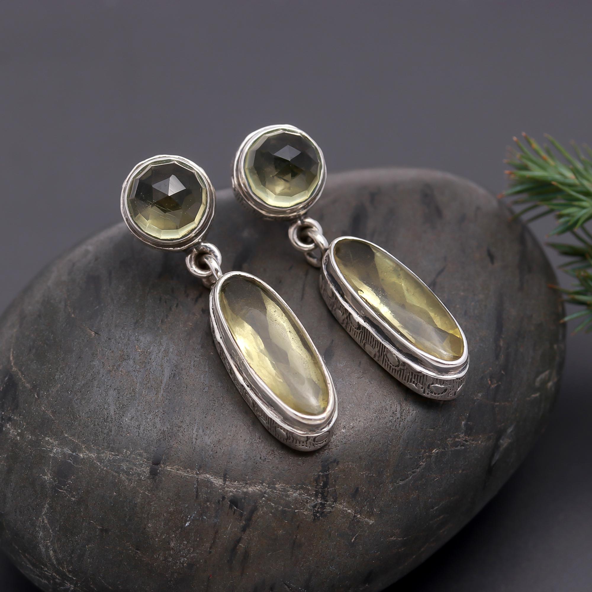 925 Silver Faceted Lemon Quartz Drop Earrings