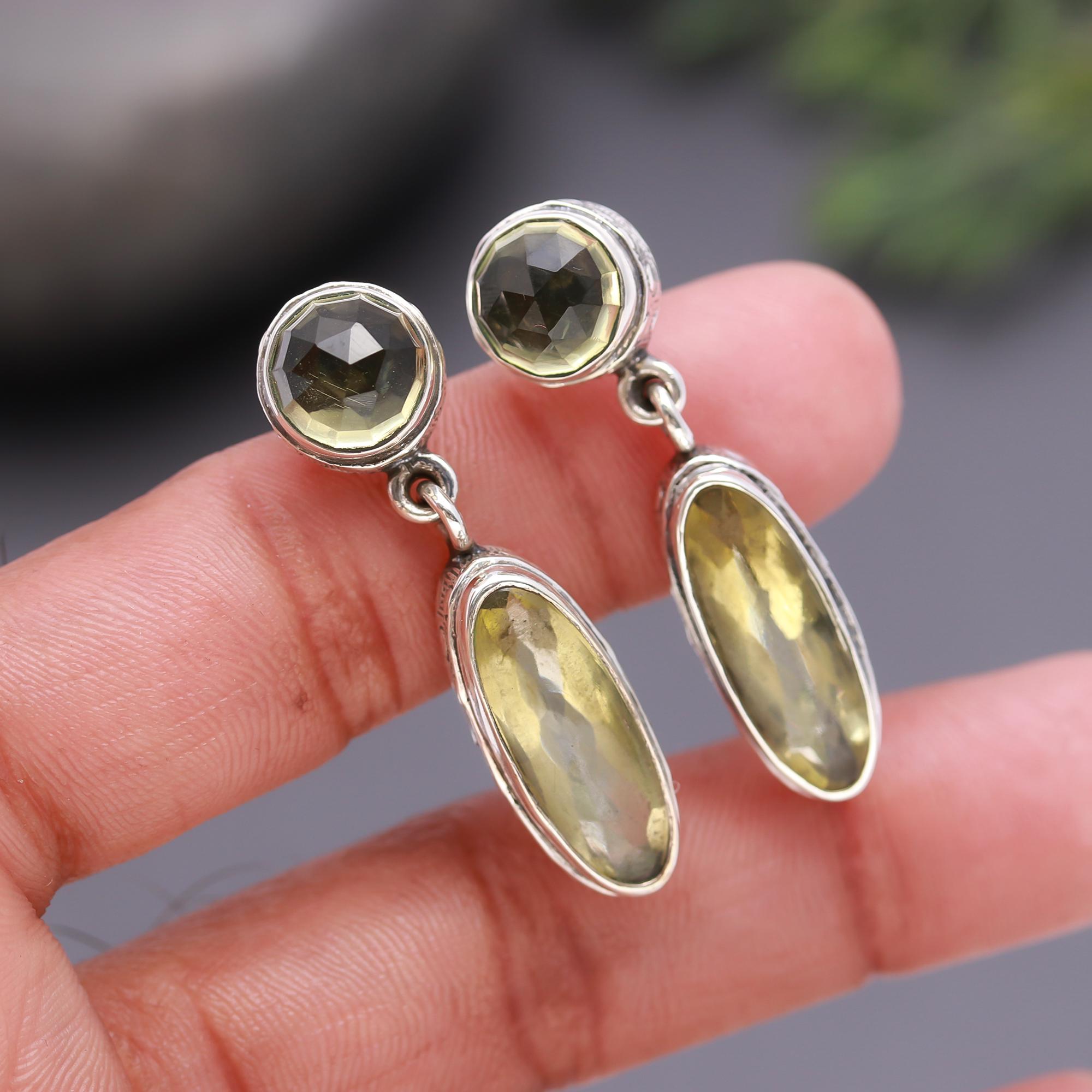 925 Silver Faceted Lemon Quartz Drop Earrings