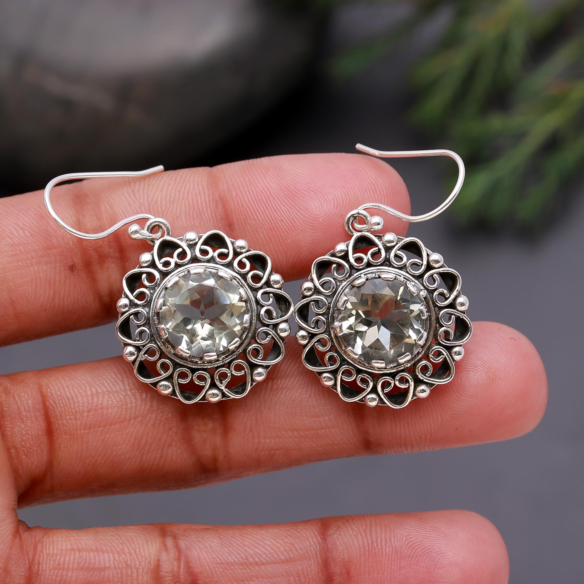 925 Silver Filigree Green Amethyst Dangle Earrings