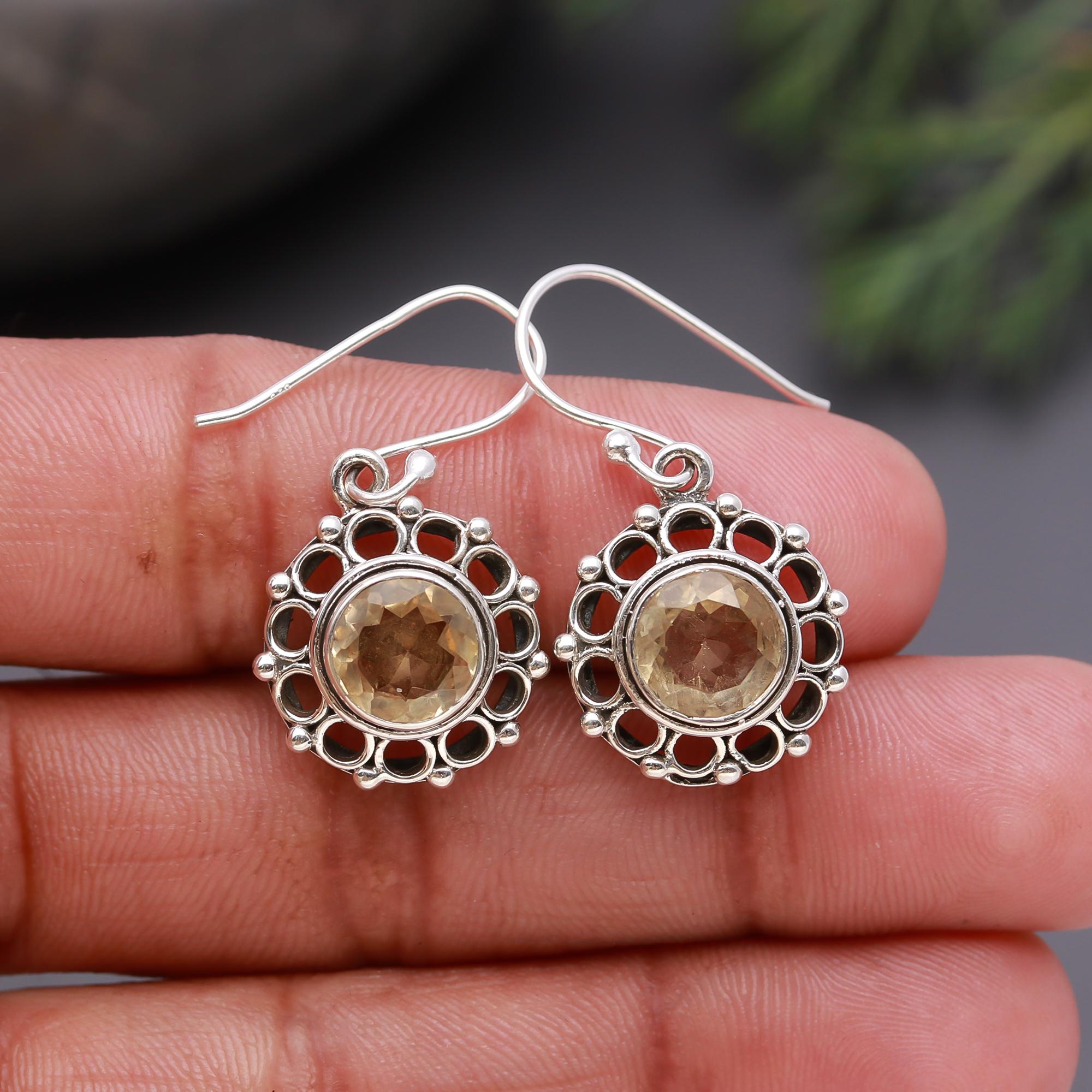 925 Silver Citrine Beaded Frame Dangle Earrings