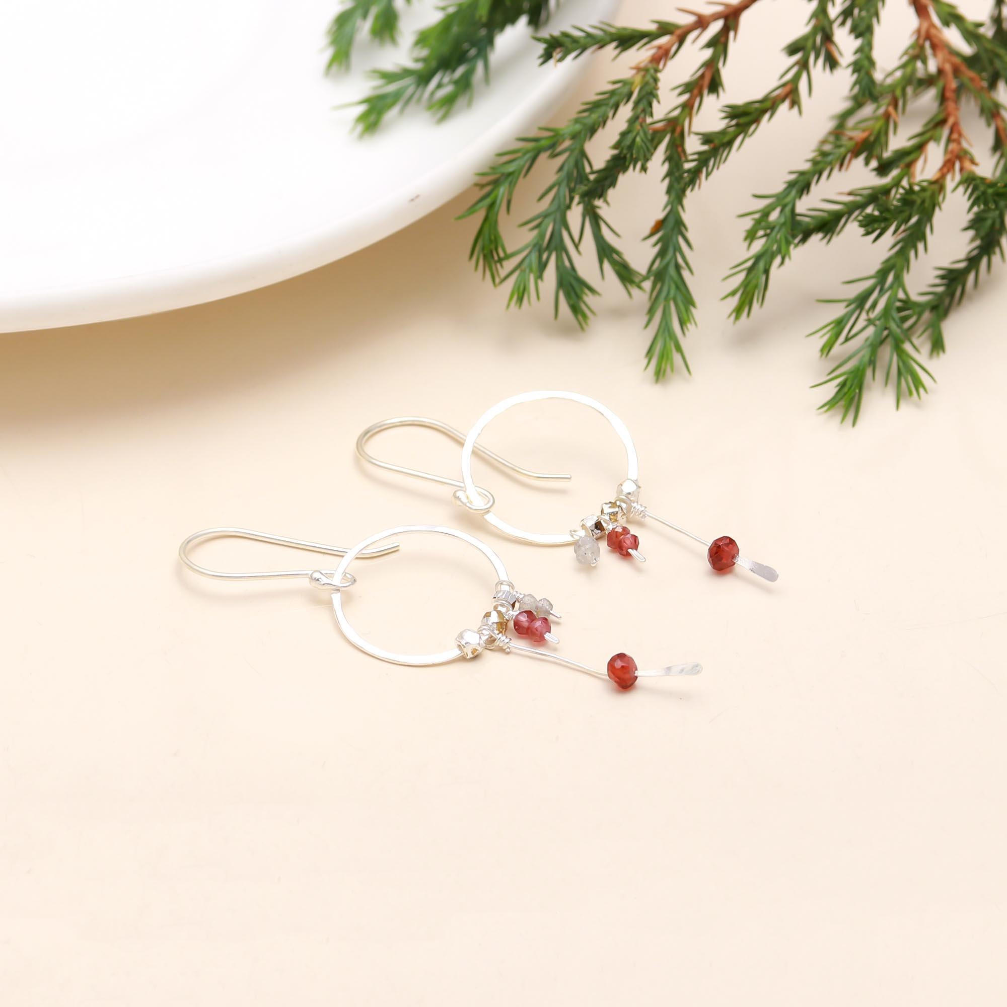 925 Sterling Silver Garnet Beads Hammered Hoop Dangle Earrings