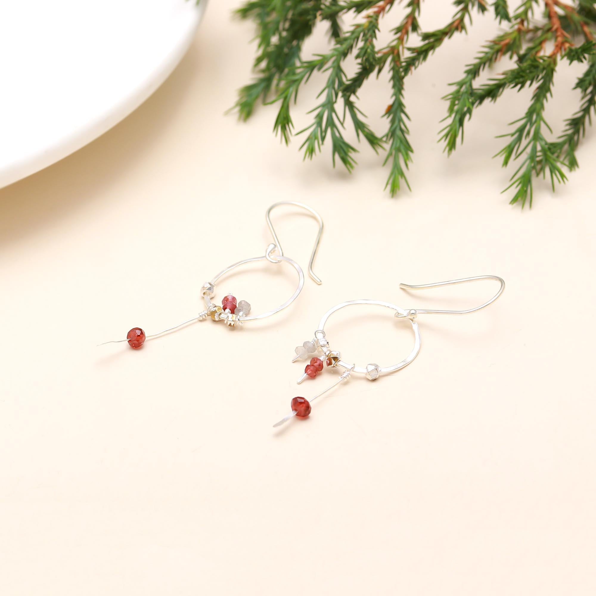 925 Sterling Silver Garnet Beads Hammered Hoop Dangle Earrings
