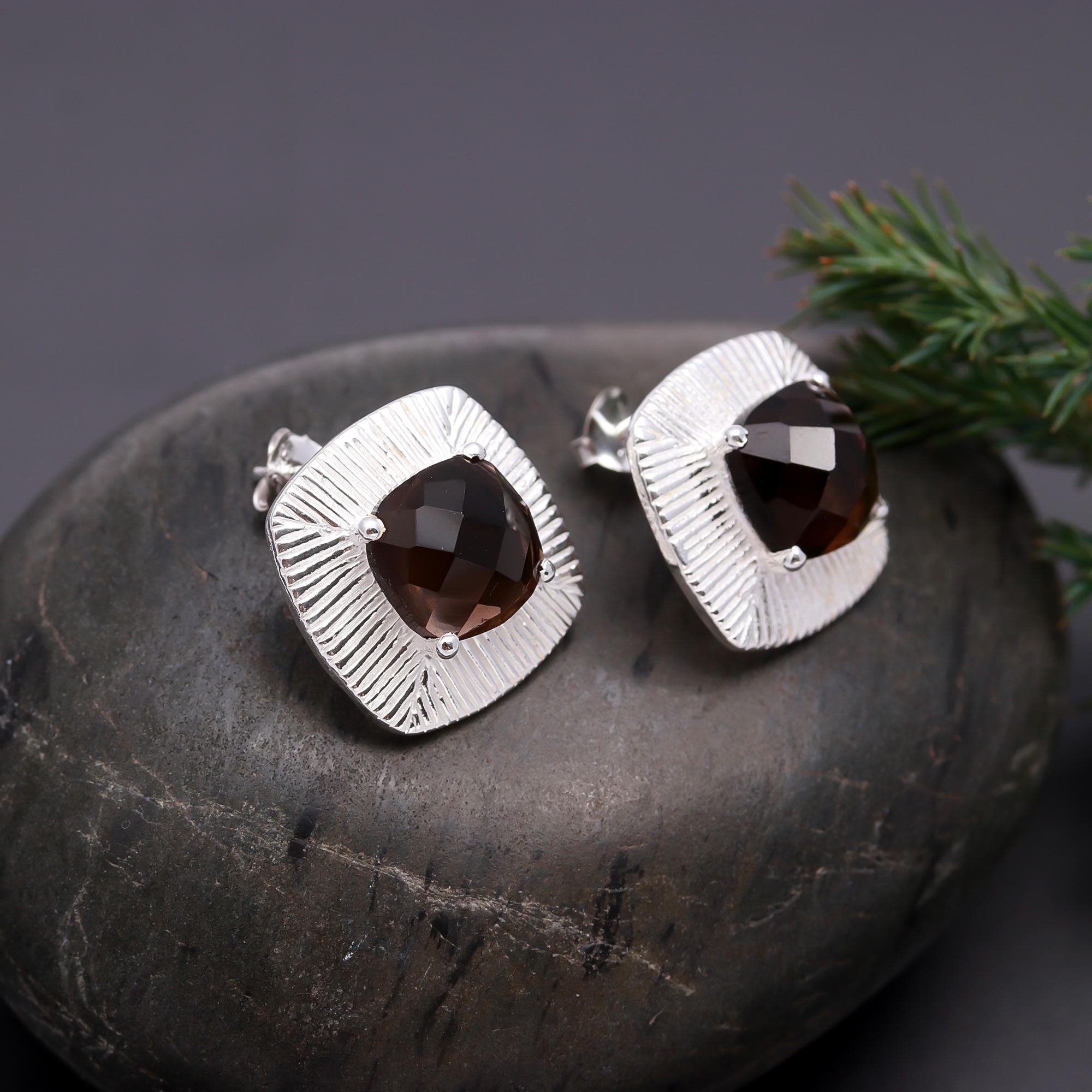 925 Silver Faceted Smoky Quartz Dangle Earrings