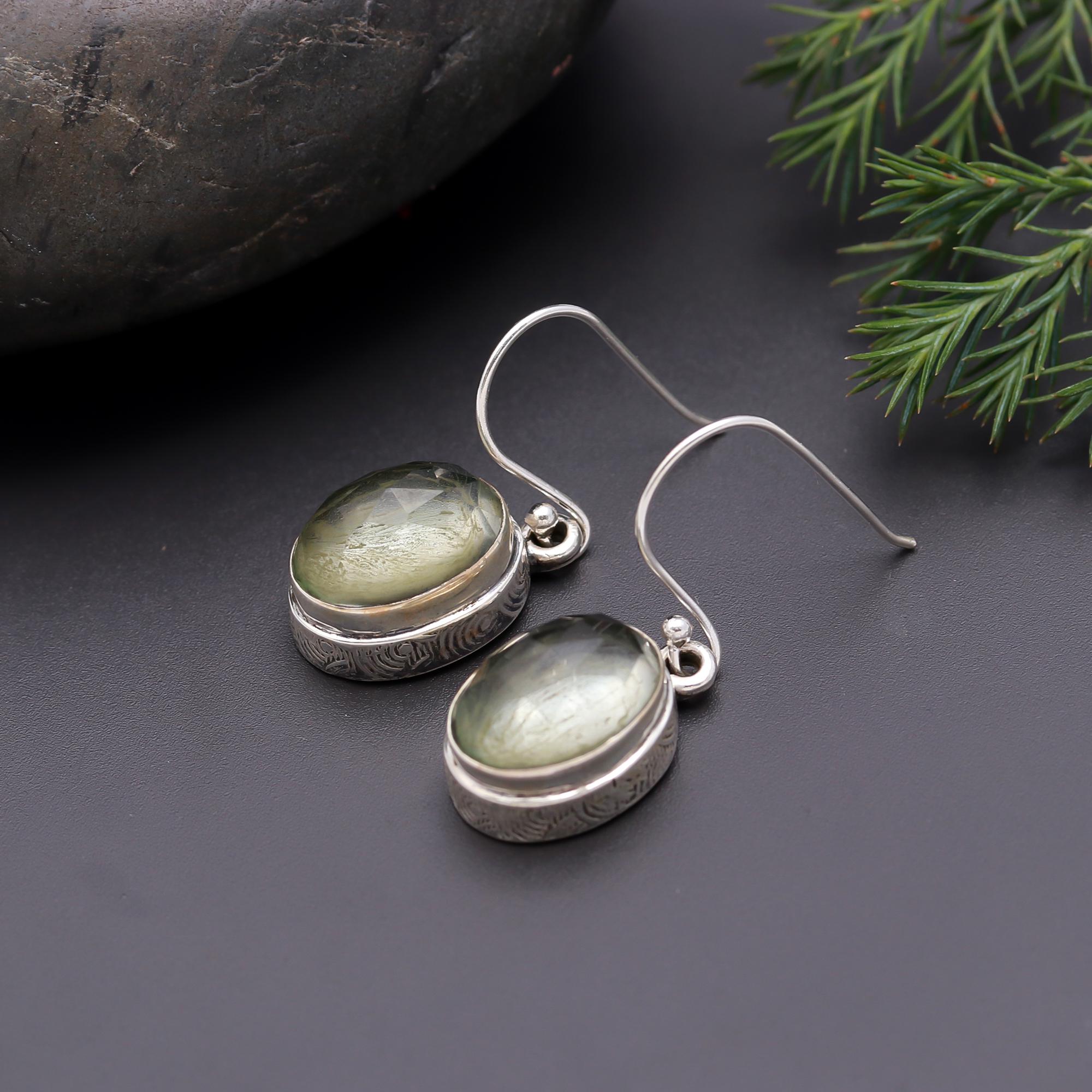 925 Silver Oval Rutilated Quartz Dangle Earrings