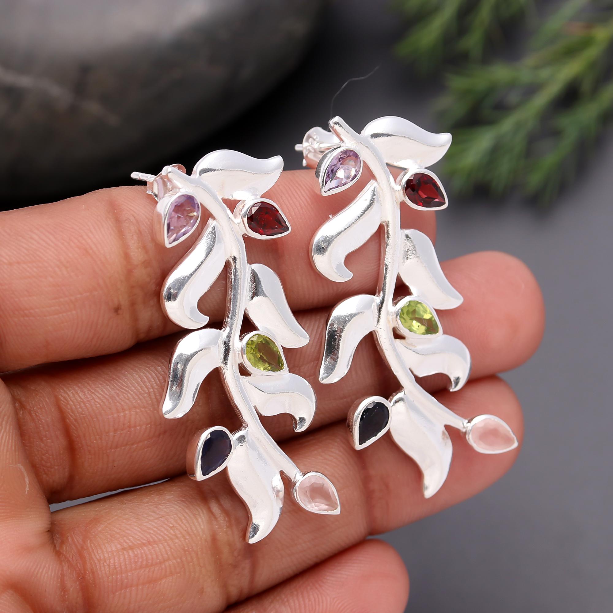 925 Silver Multi-Gemstone Leaf Drop Earrings