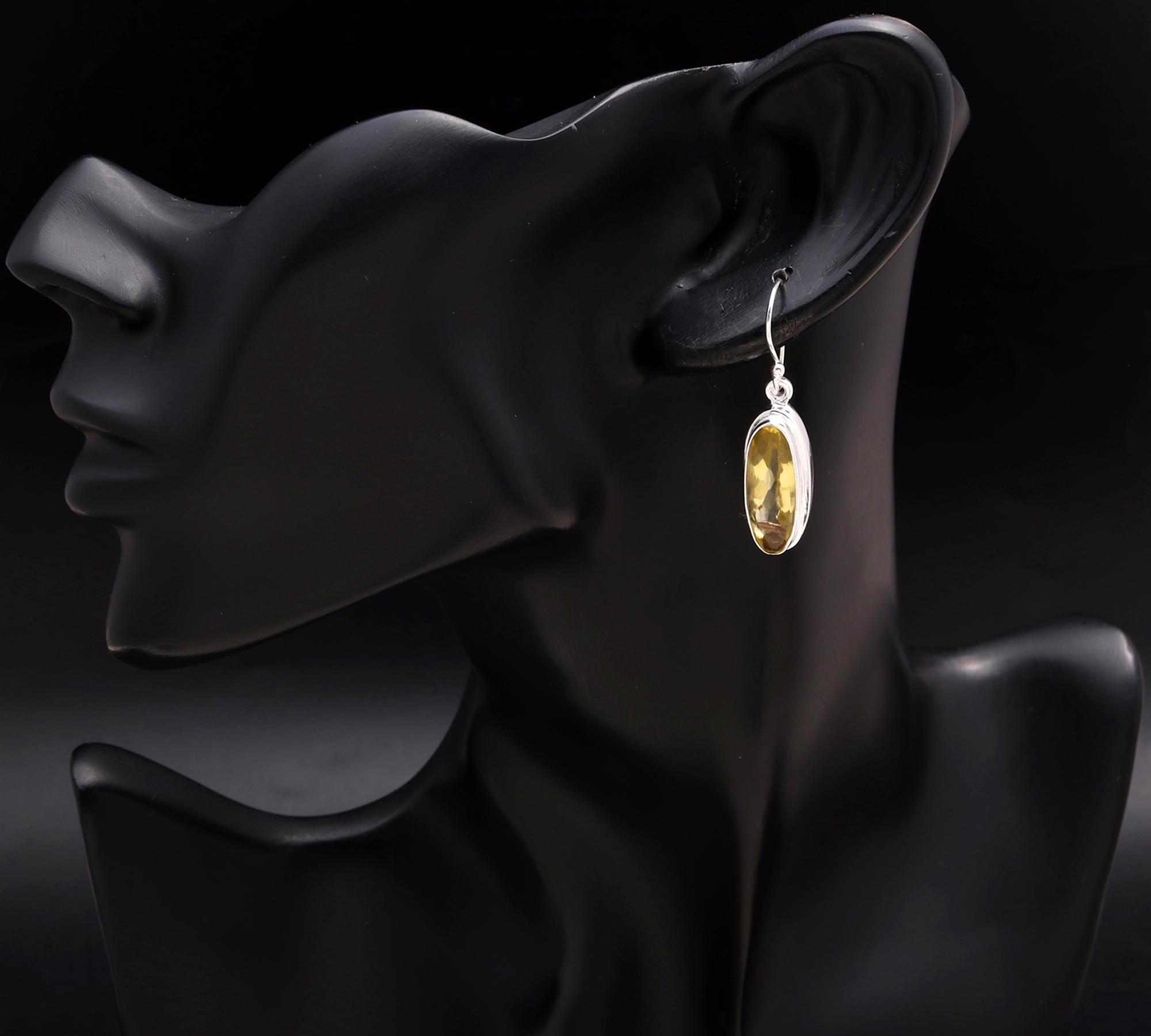 925 Silver Long Oval Lemon Quartz Dangle Earrings