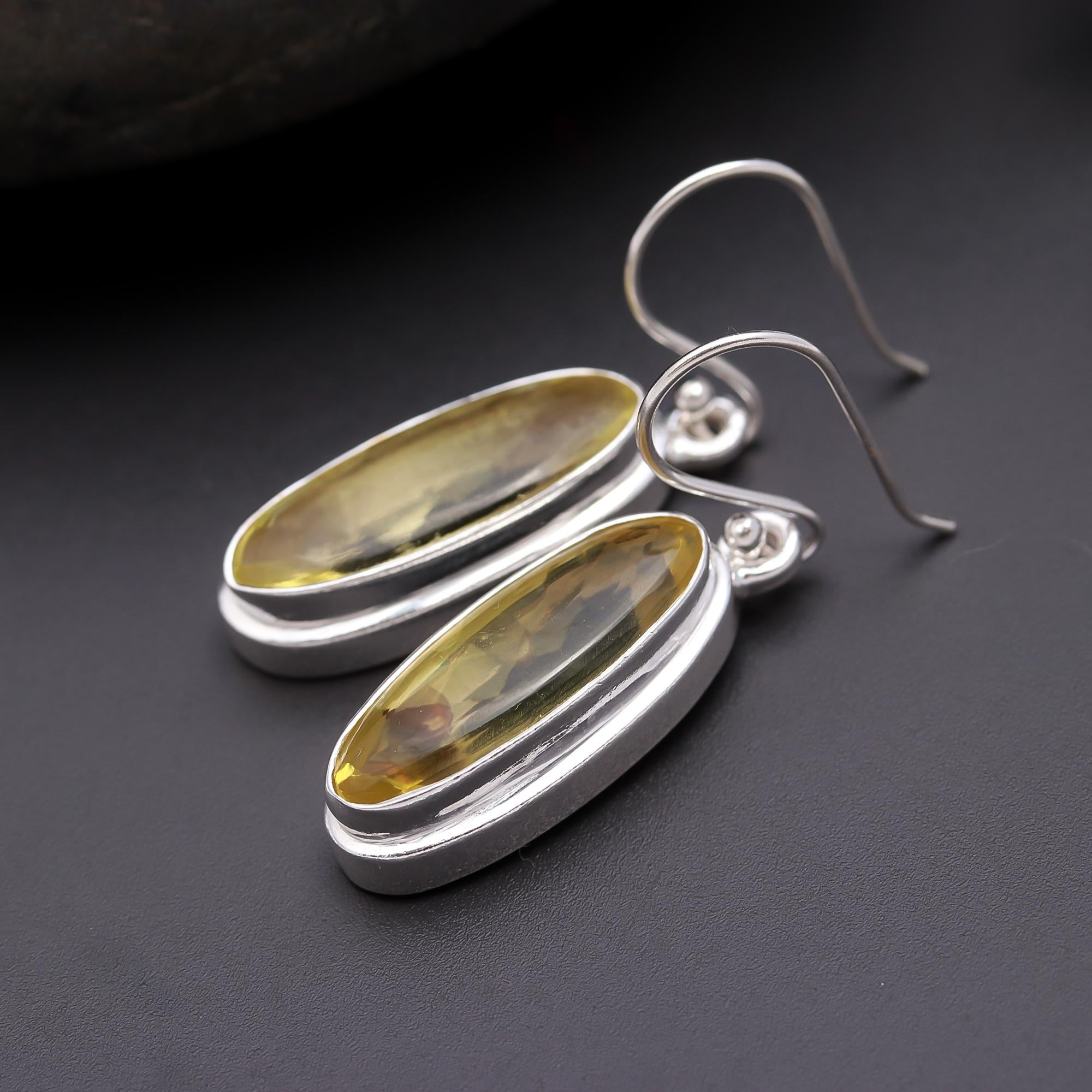 925 Silver Long Oval Lemon Quartz Dangle Earrings