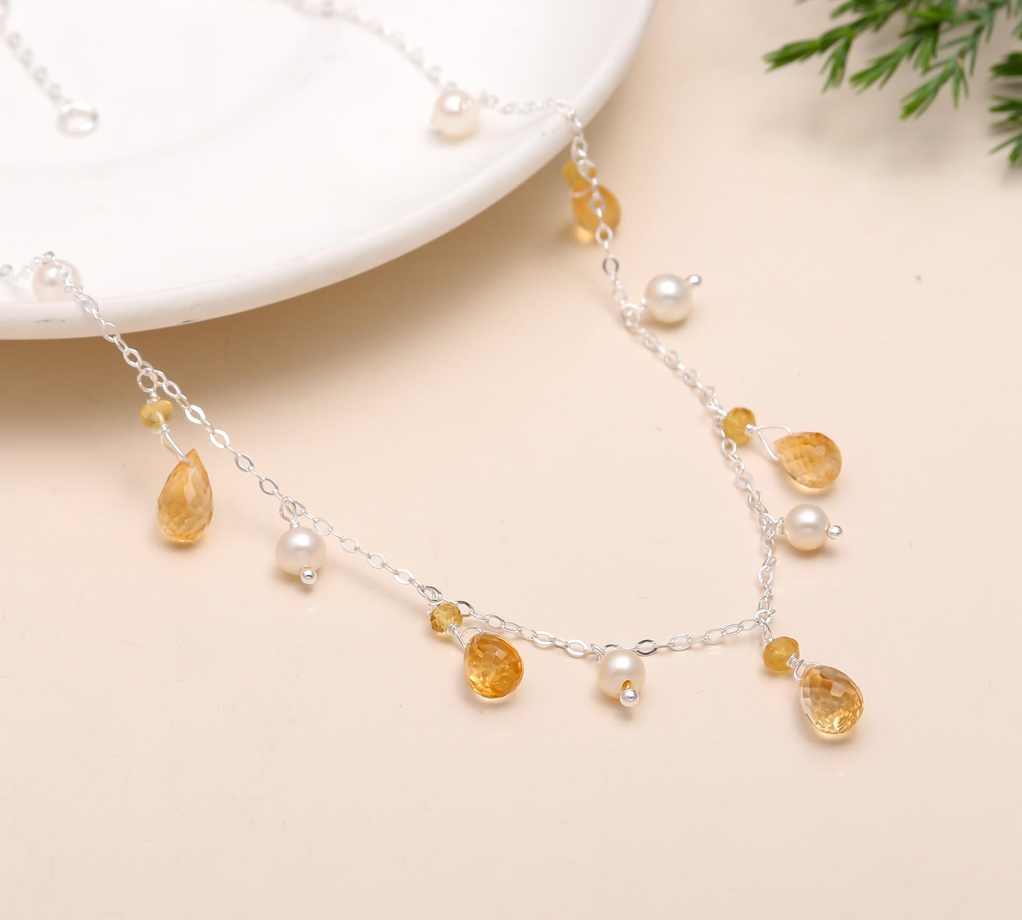 925 Silver Citrine and Pearl Necklace