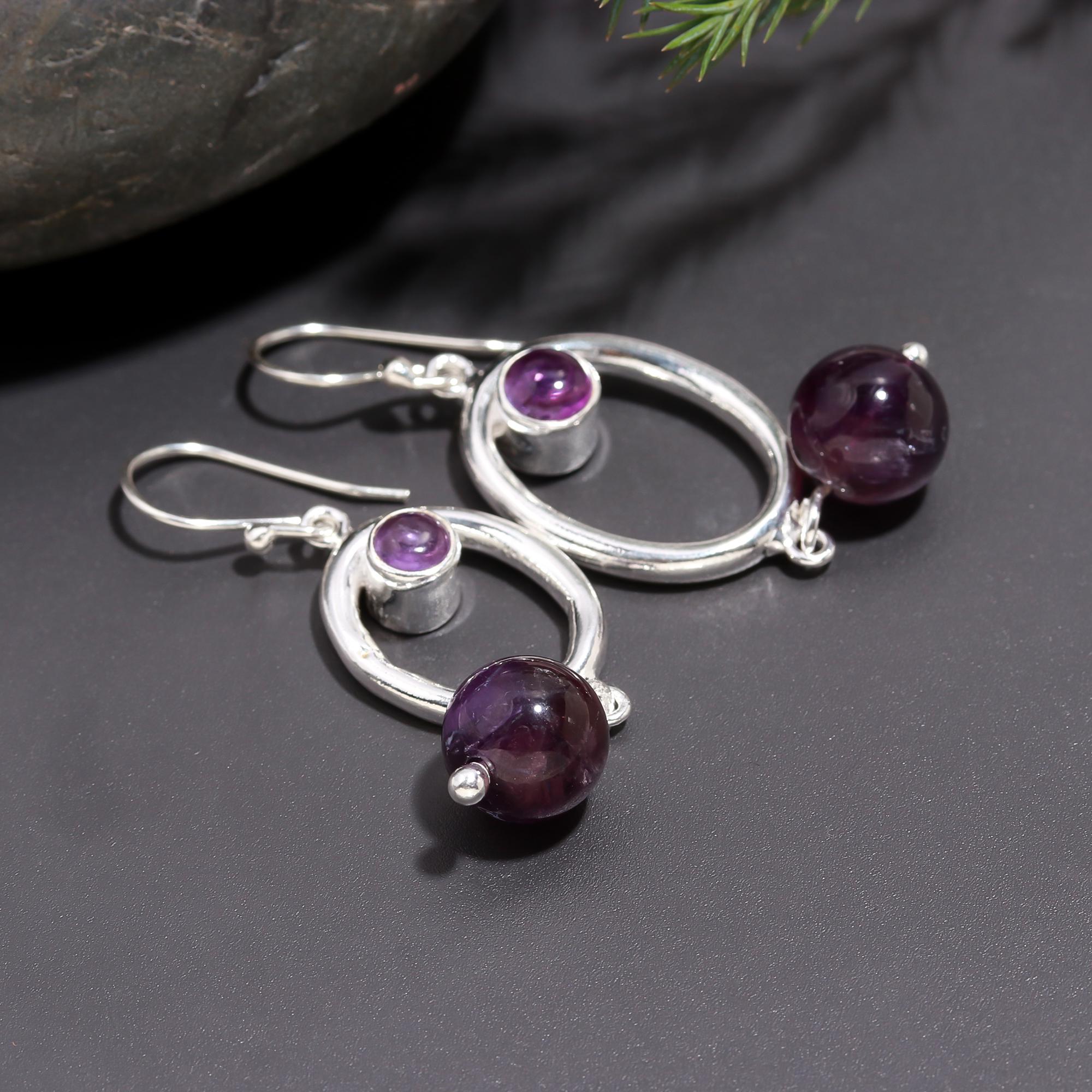 925 Silver Amethyst Beads Oval Hoop Dangle Earrings