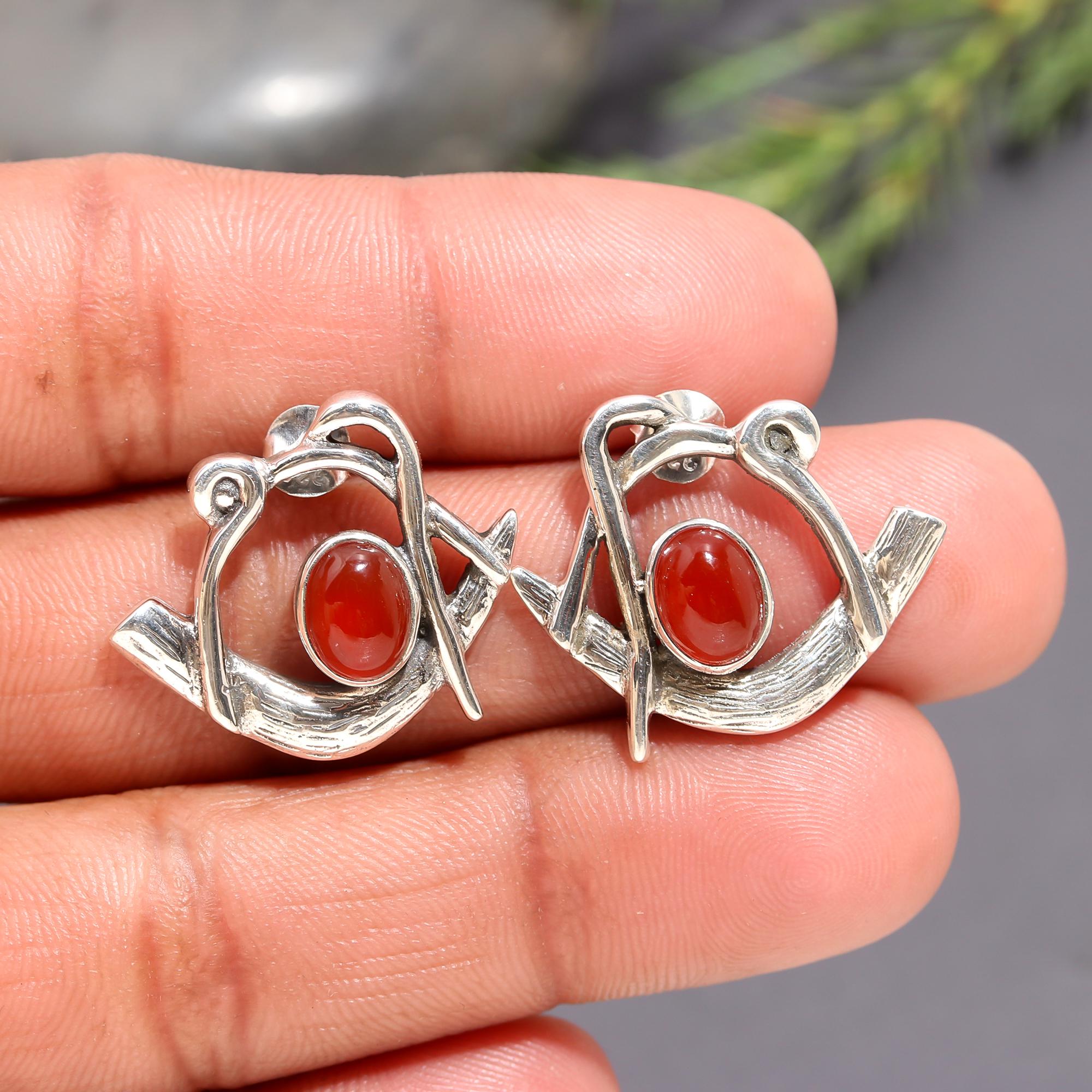 925 Silver Oval Red Carnelian Stud Earrings