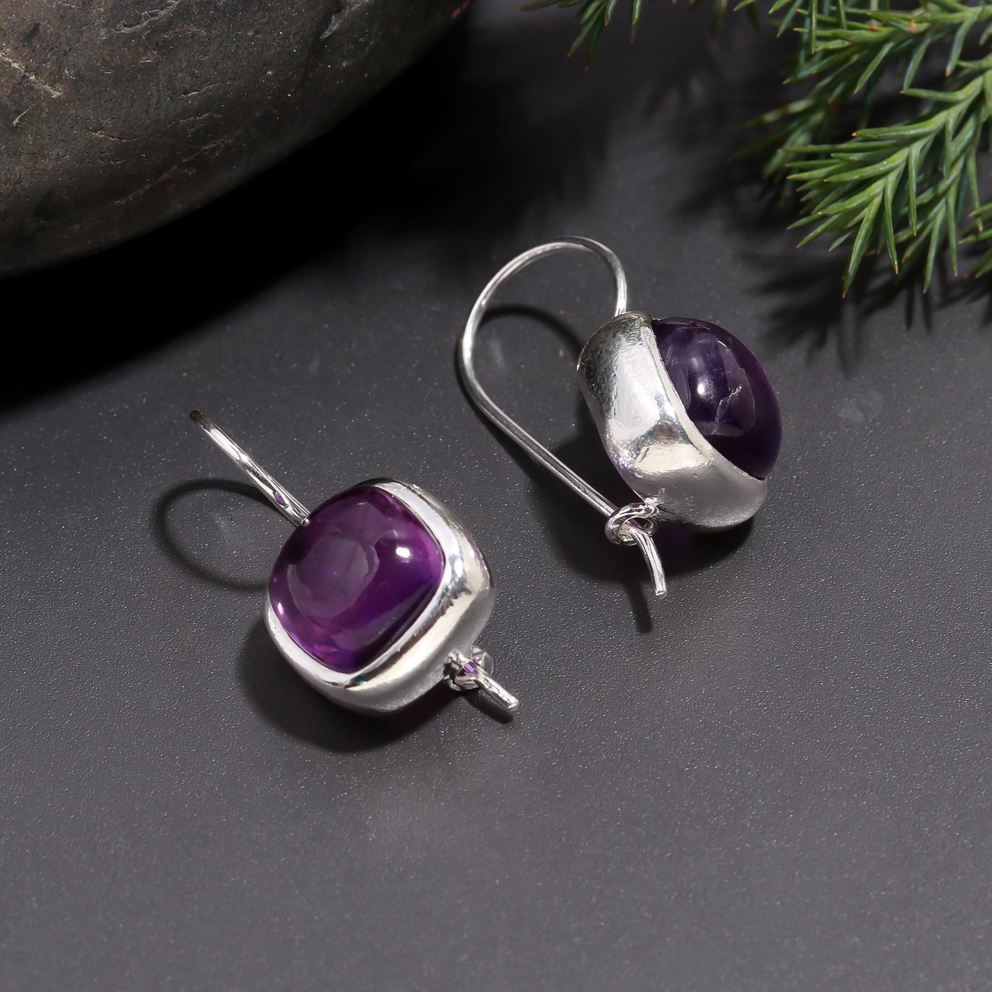 925 Silver Cushion Amethyst Dangle Earrings