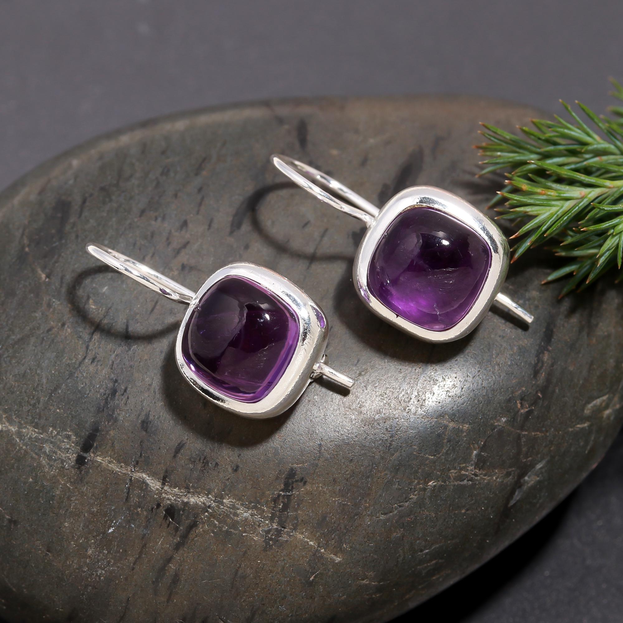 925 Silver Cushion Amethyst Dangle Earrings