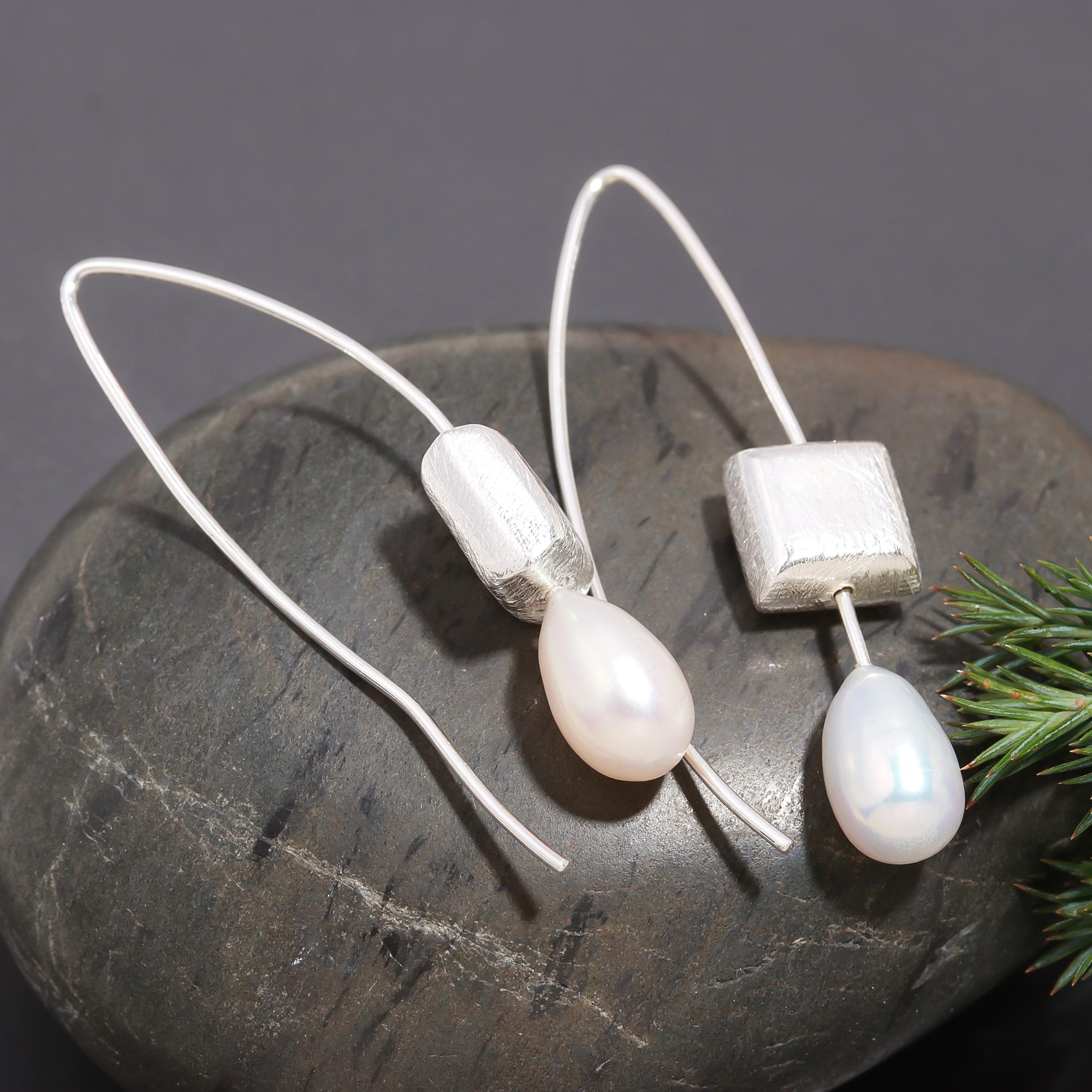 925 Silver Freshwater Pearls Long Wire Drop Earrings