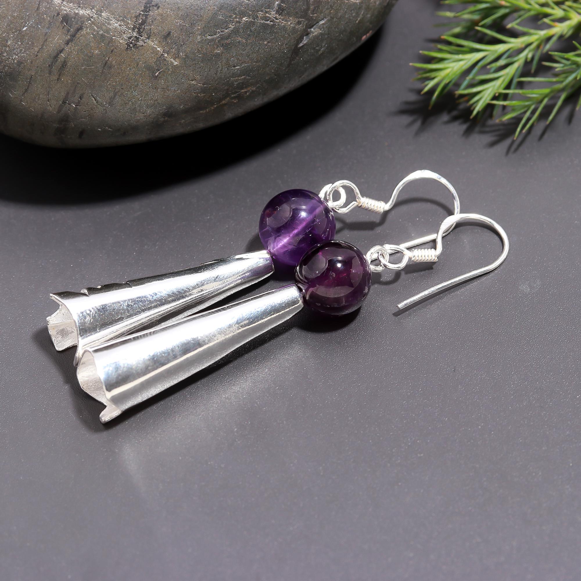 925 Silver Amethyst Bead Cone Dangle Earrings