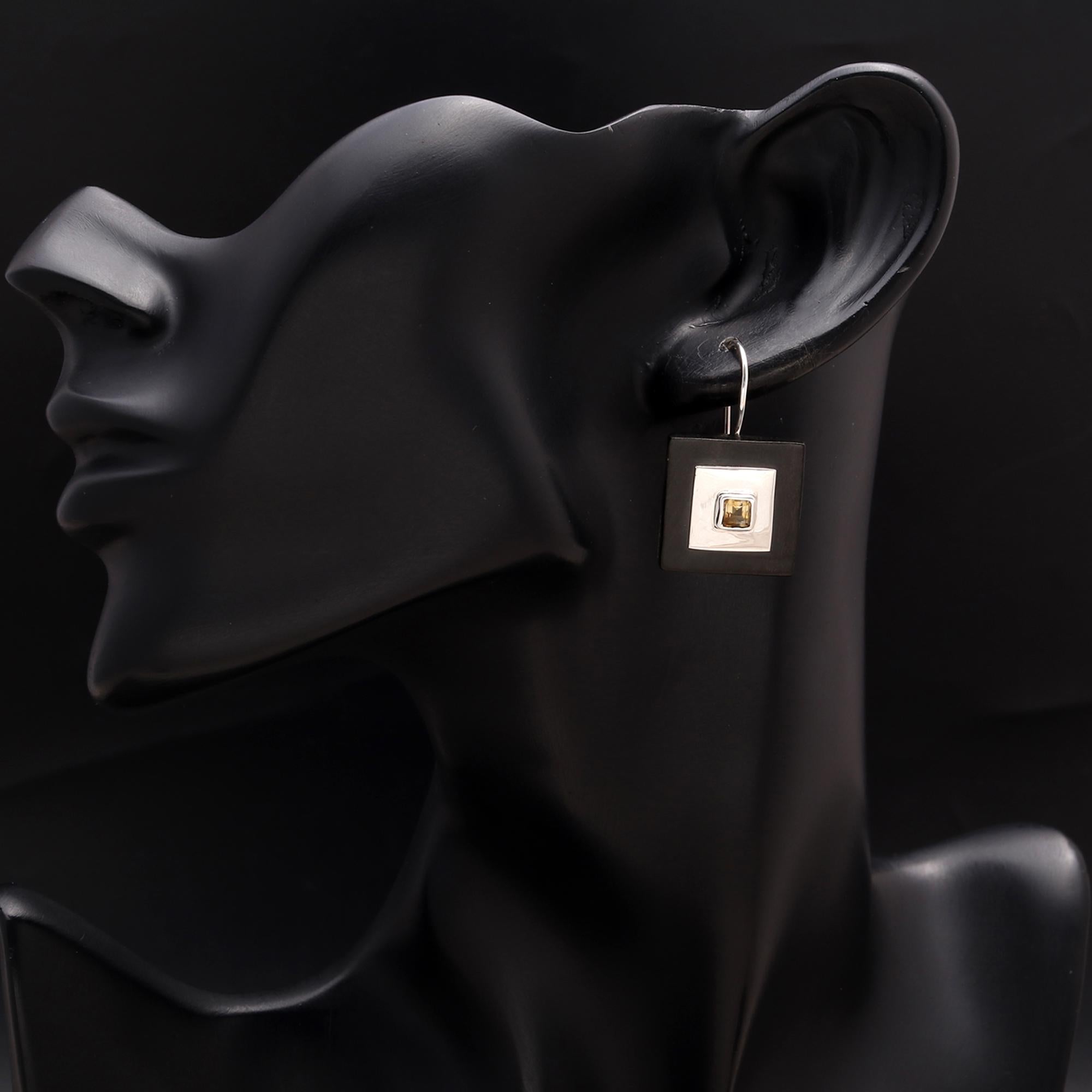 925 Silver Square Citrine Wood Dangle Earrings