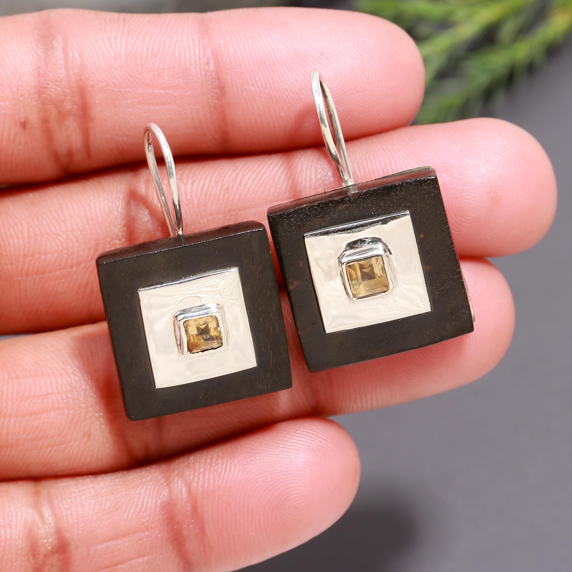 925 Silver Square Citrine Wood Dangle Earrings