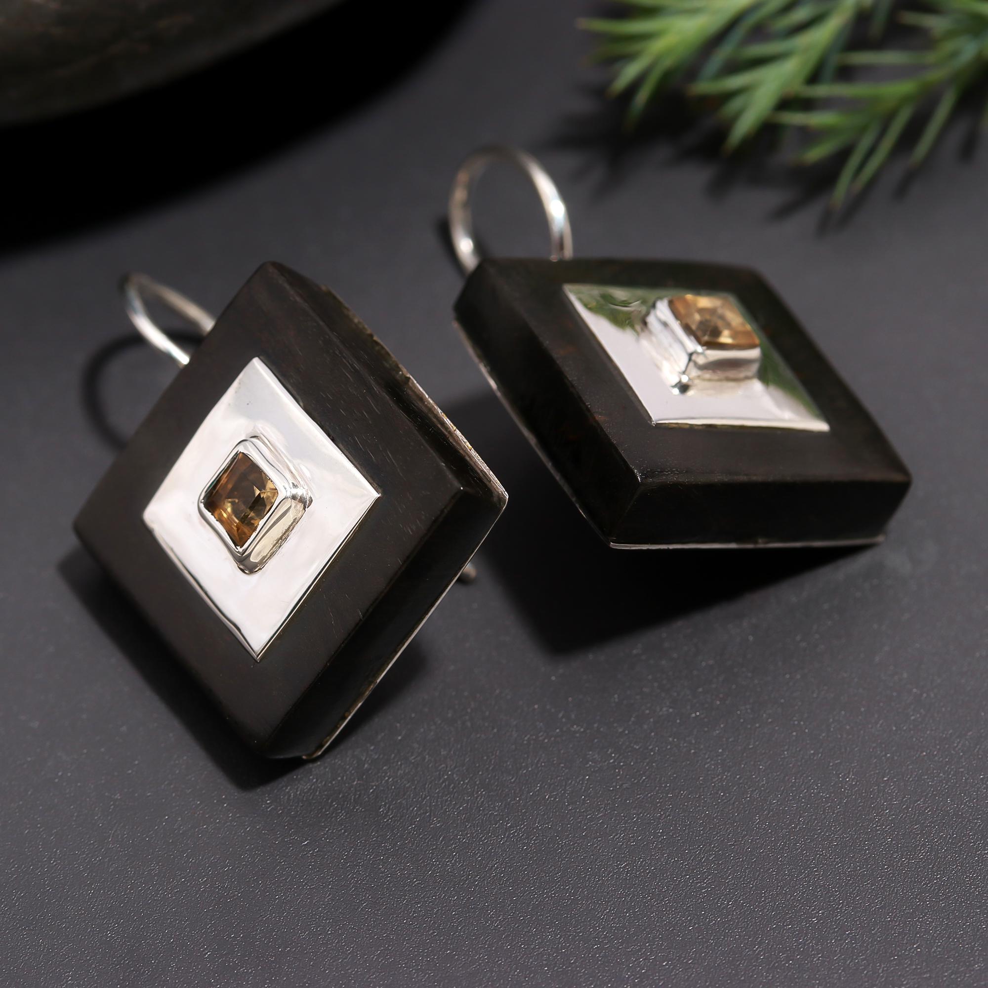 925 Silver Square Citrine Wood Dangle Earrings