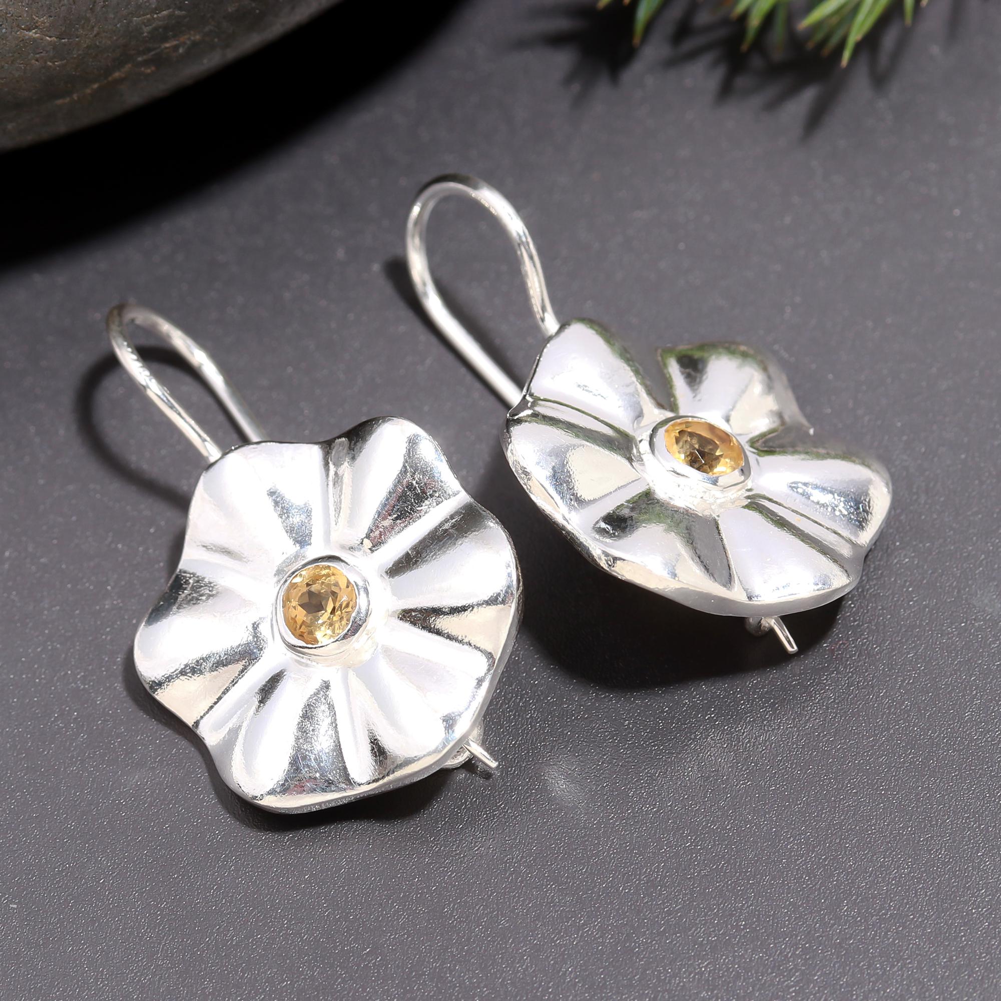 925 Silver Floral Citrine Dangle Earrings