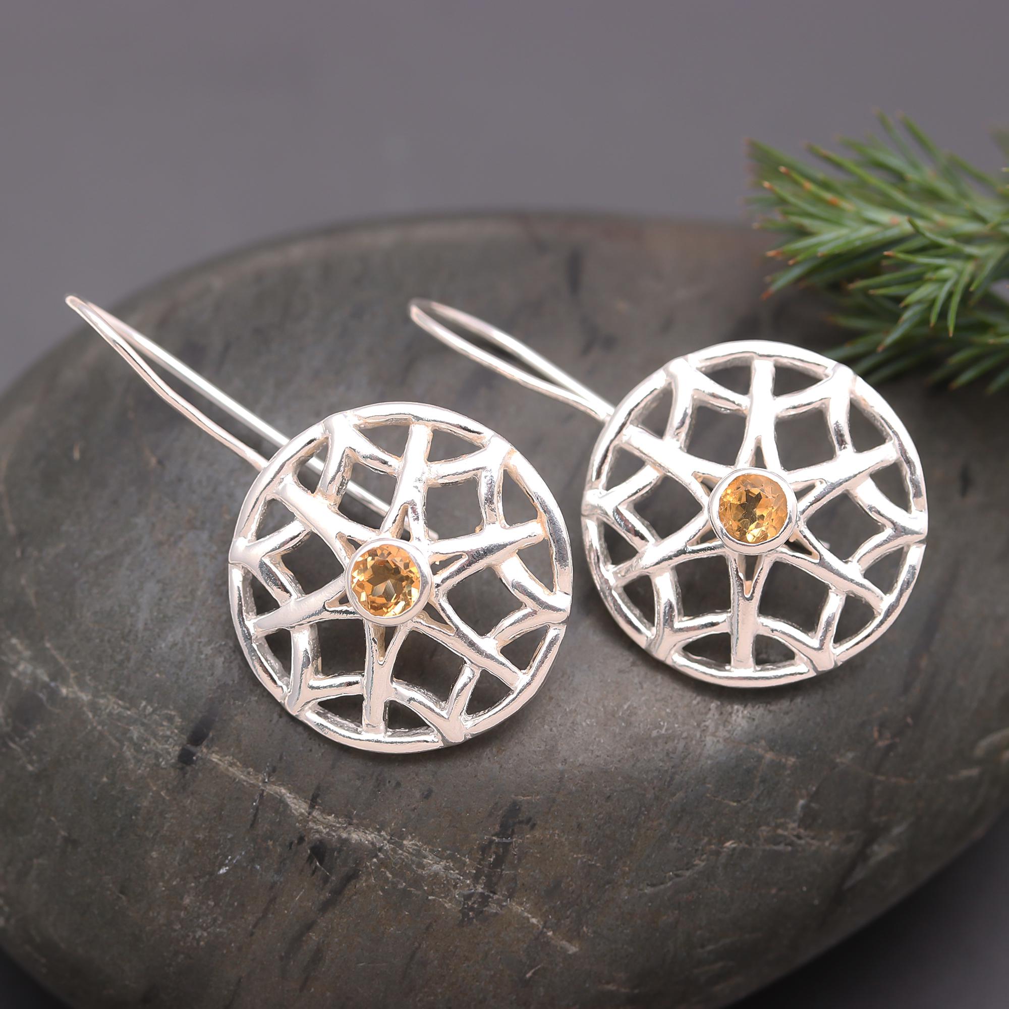 925 Silver Round Web Design Citrine Dangle Earrings