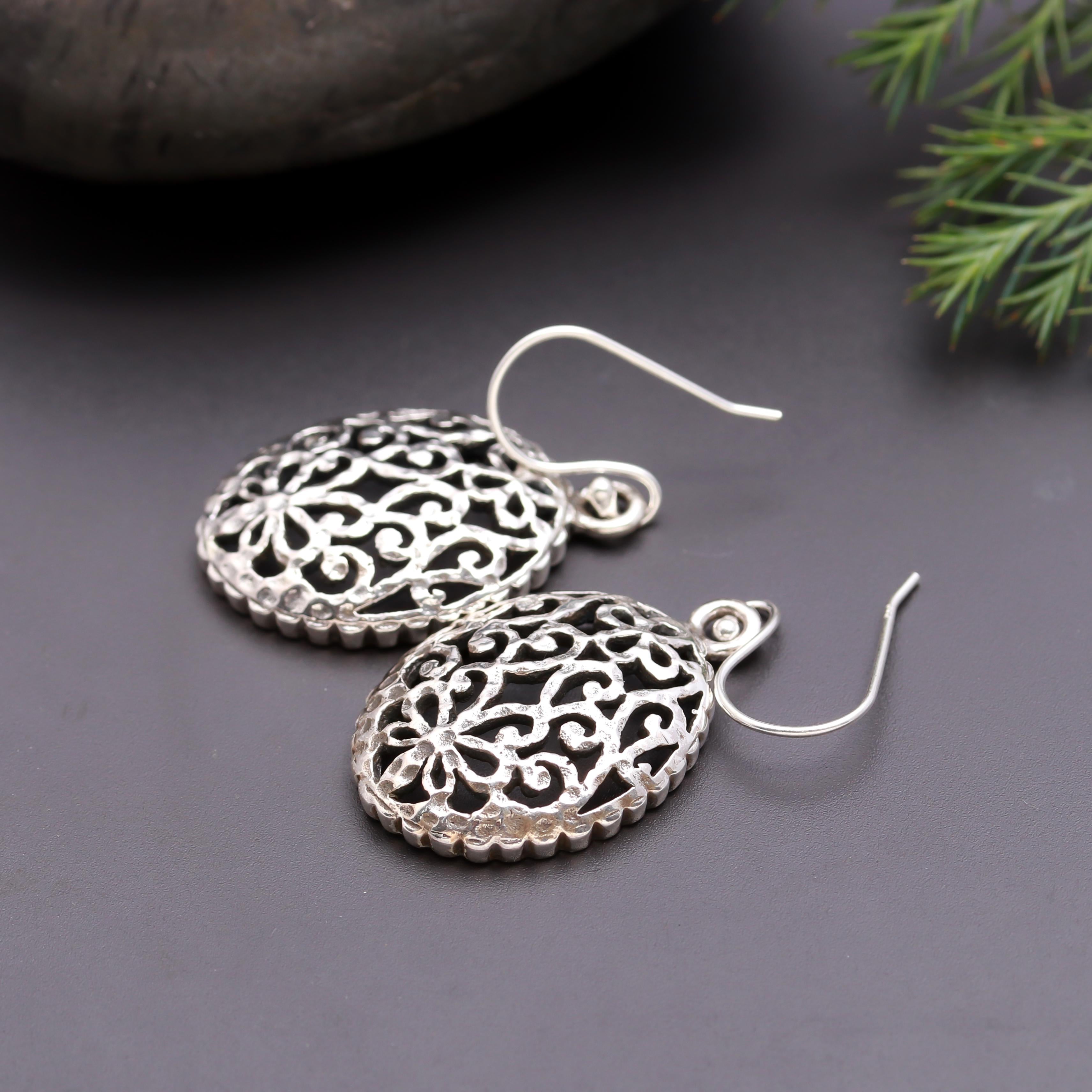925 Silver Oval Filigree Dangle Earrings